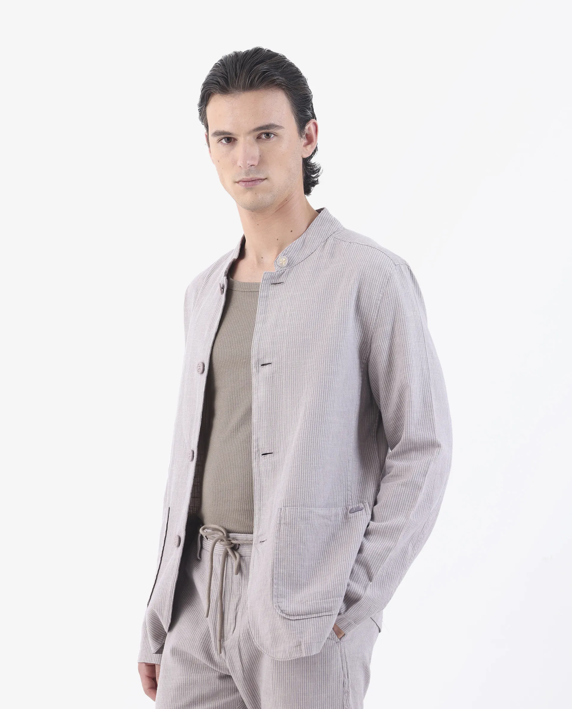 Rare Rabbit Men's Trex Pink Linen Blend Striped Print Regular Fit Full Sleeve Mandarin Collar Jacket - Image 5