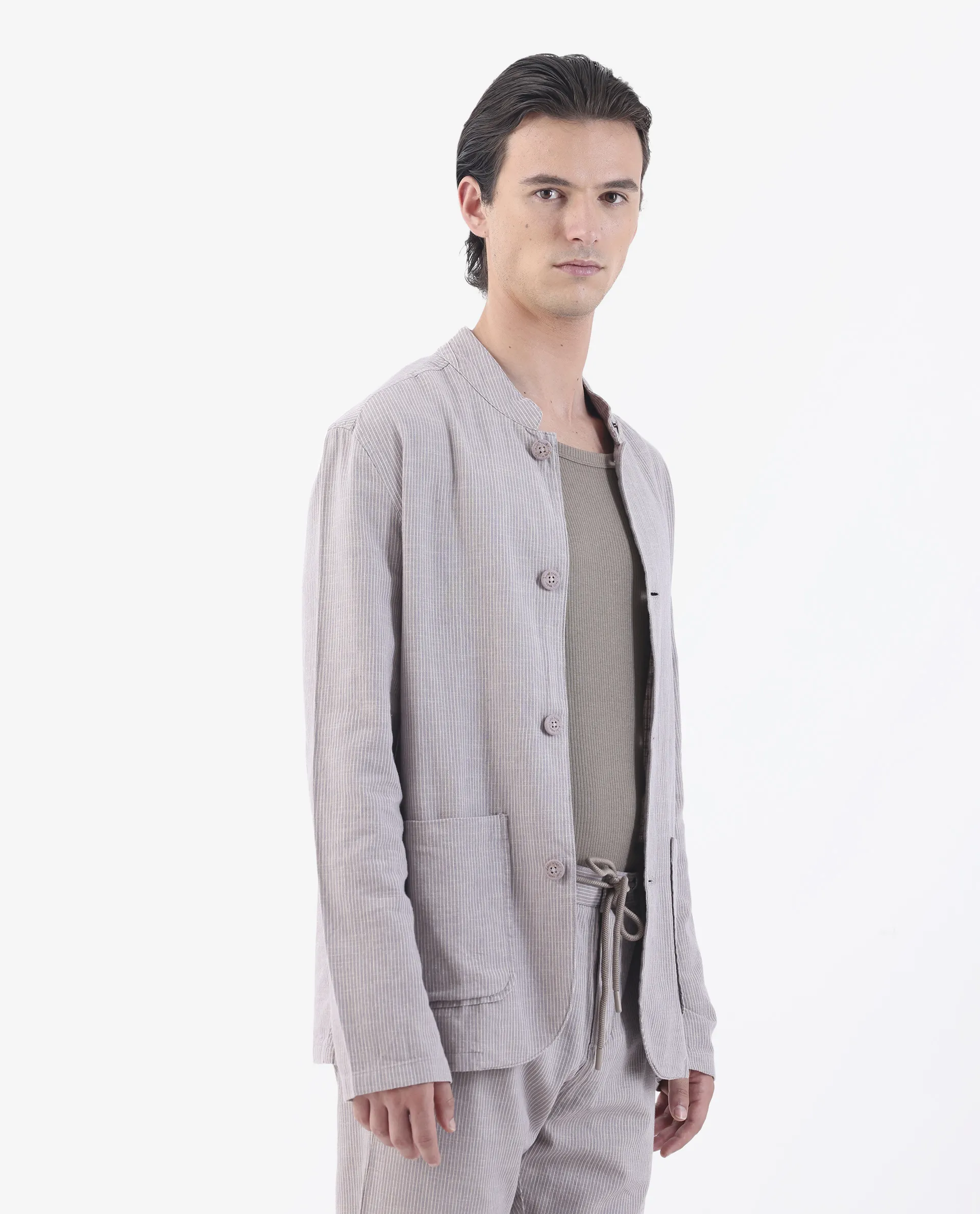 Rare Rabbit Men's Trex Pink Linen Blend Striped Print Regular Fit Full Sleeve Mandarin Collar Jacket - Image 6