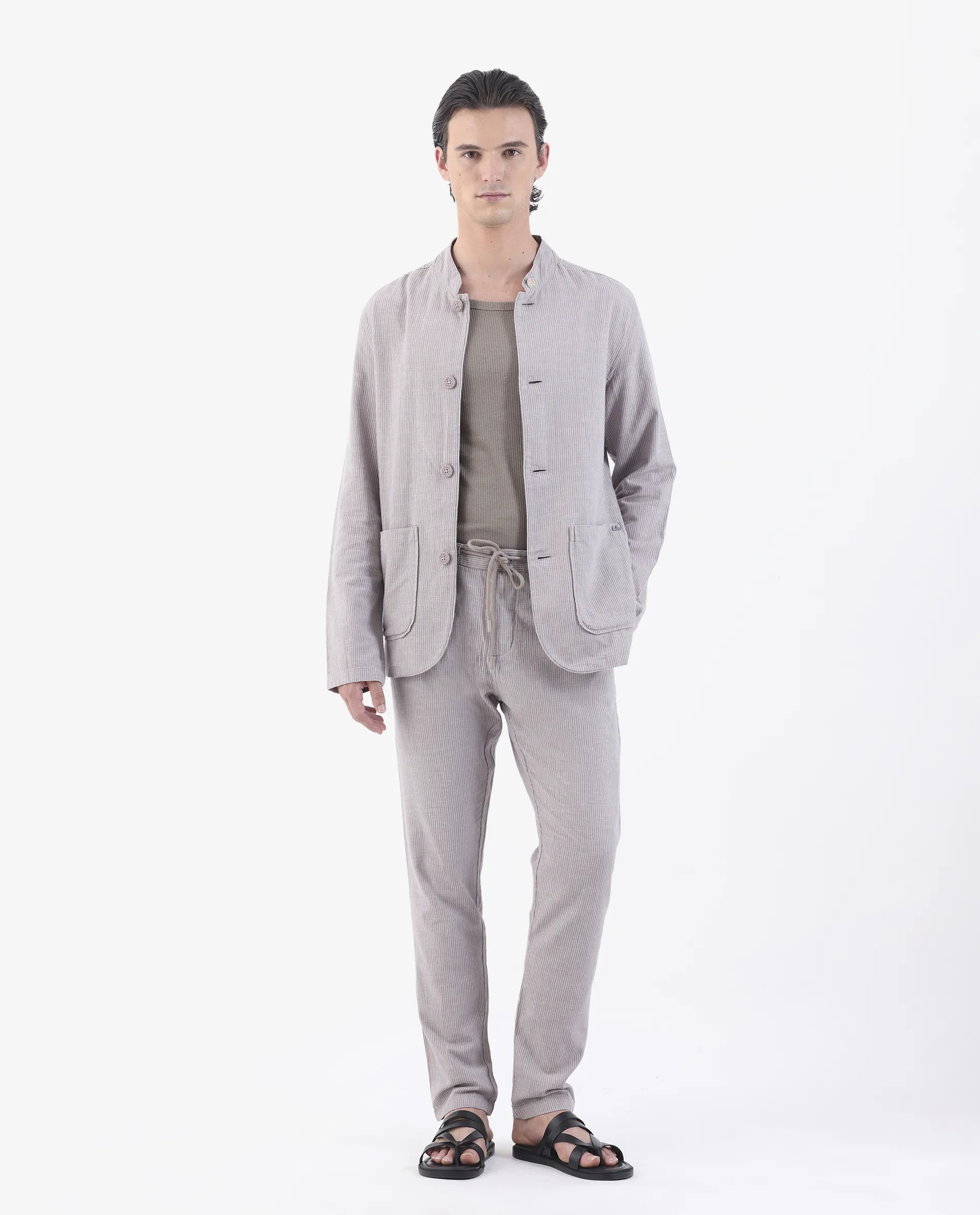 Rare Rabbit Men's Trex Pink Linen Blend Striped Print Regular Fit Full Sleeve Mandarin Collar Jacket - Image 7
