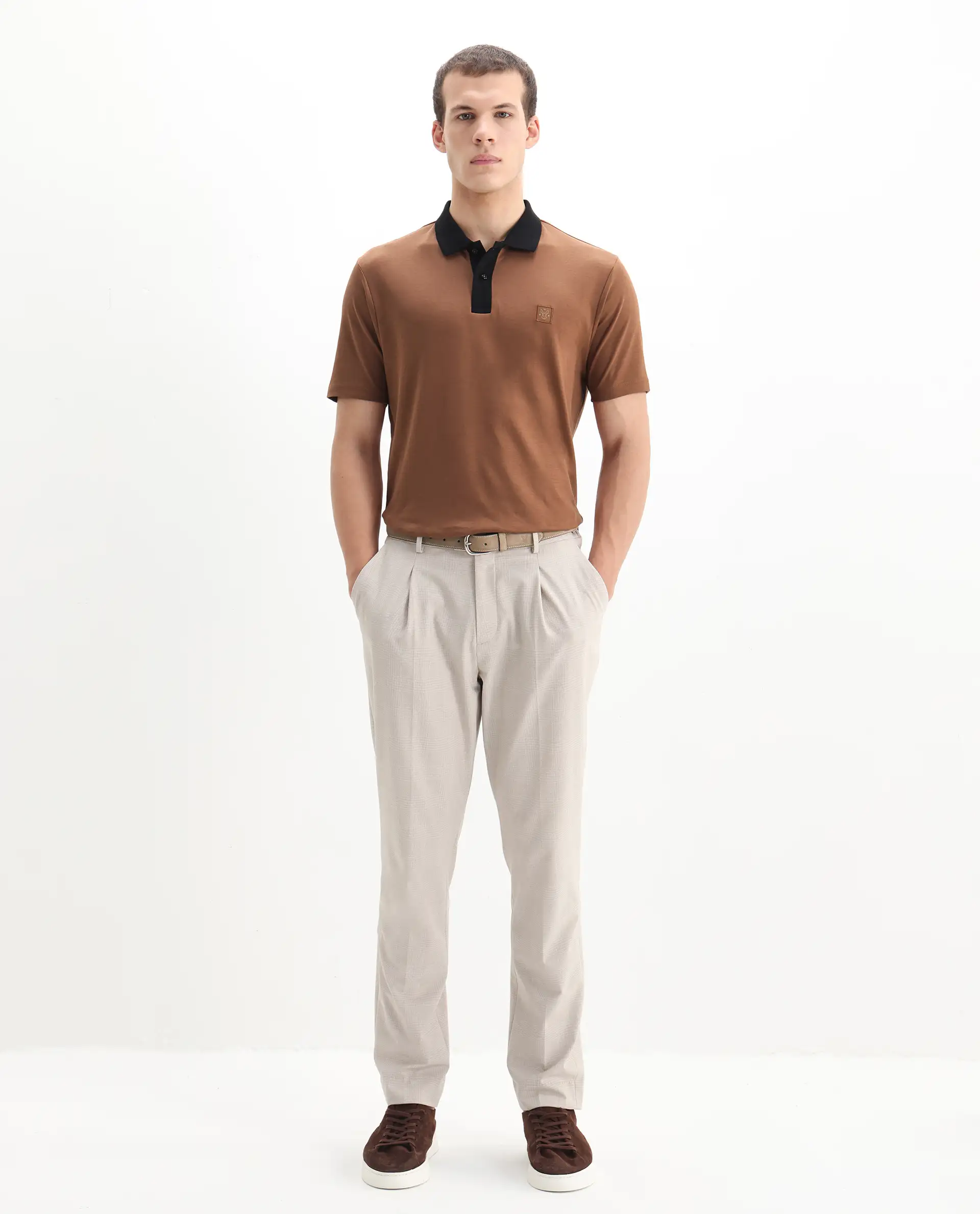 Rare Rabbit Men's Trex Dusky Brown Cotton Plain Regular Fit Half Sleeve Polo - Image 2