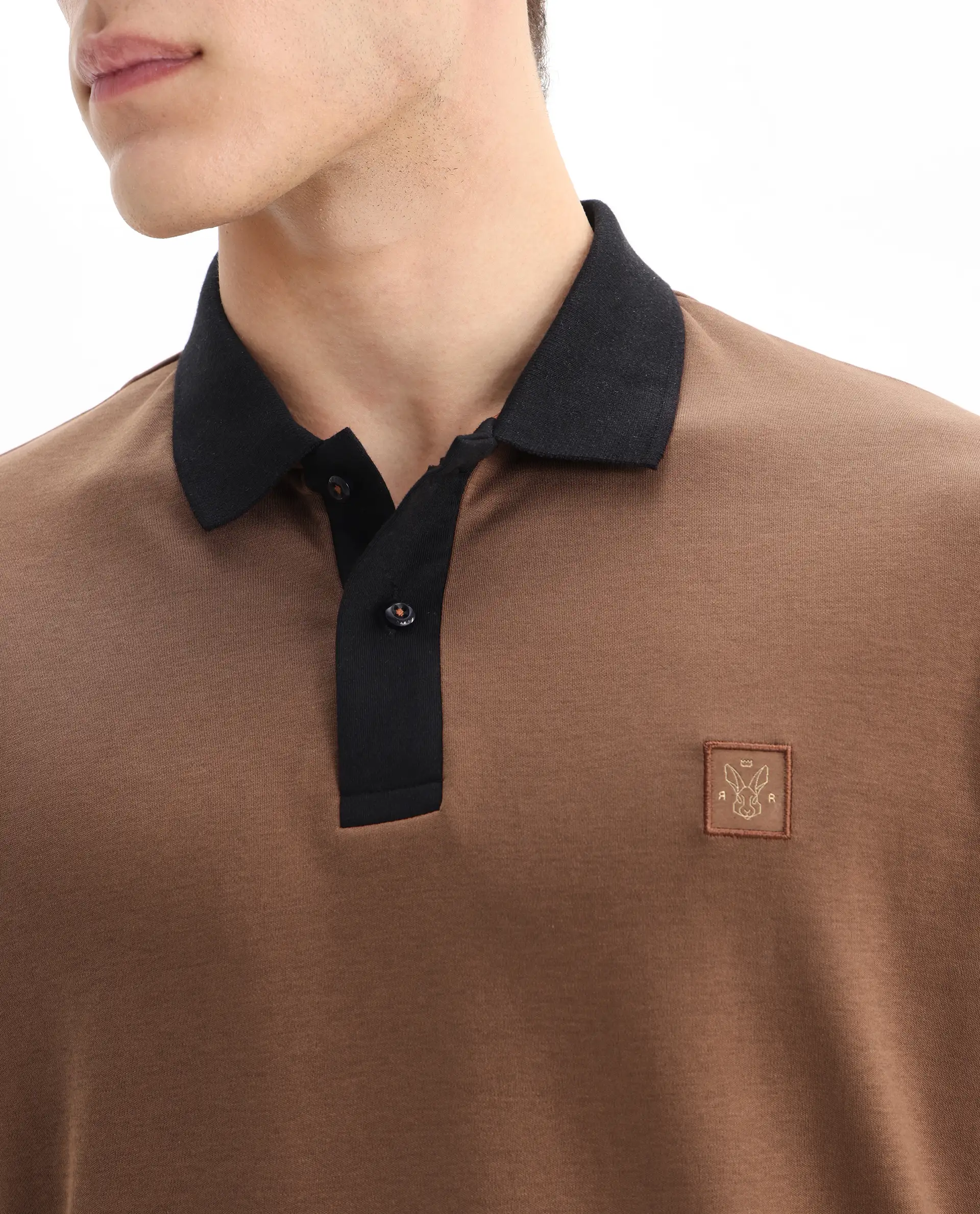 Rare Rabbit Men's Trex Dusky Brown Cotton Plain Regular Fit Half Sleeve Polo - Image 3