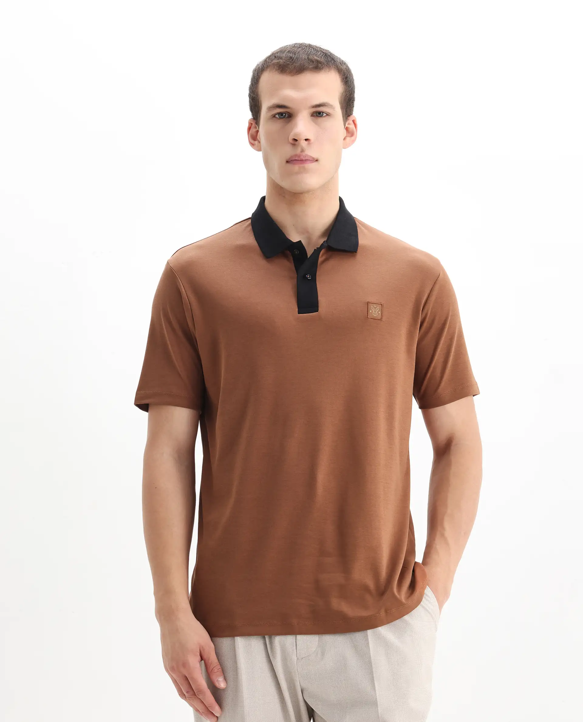 Rare Rabbit Men's Trex Dusky Brown Cotton Plain Regular Fit Half Sleeve Polo - Image 4