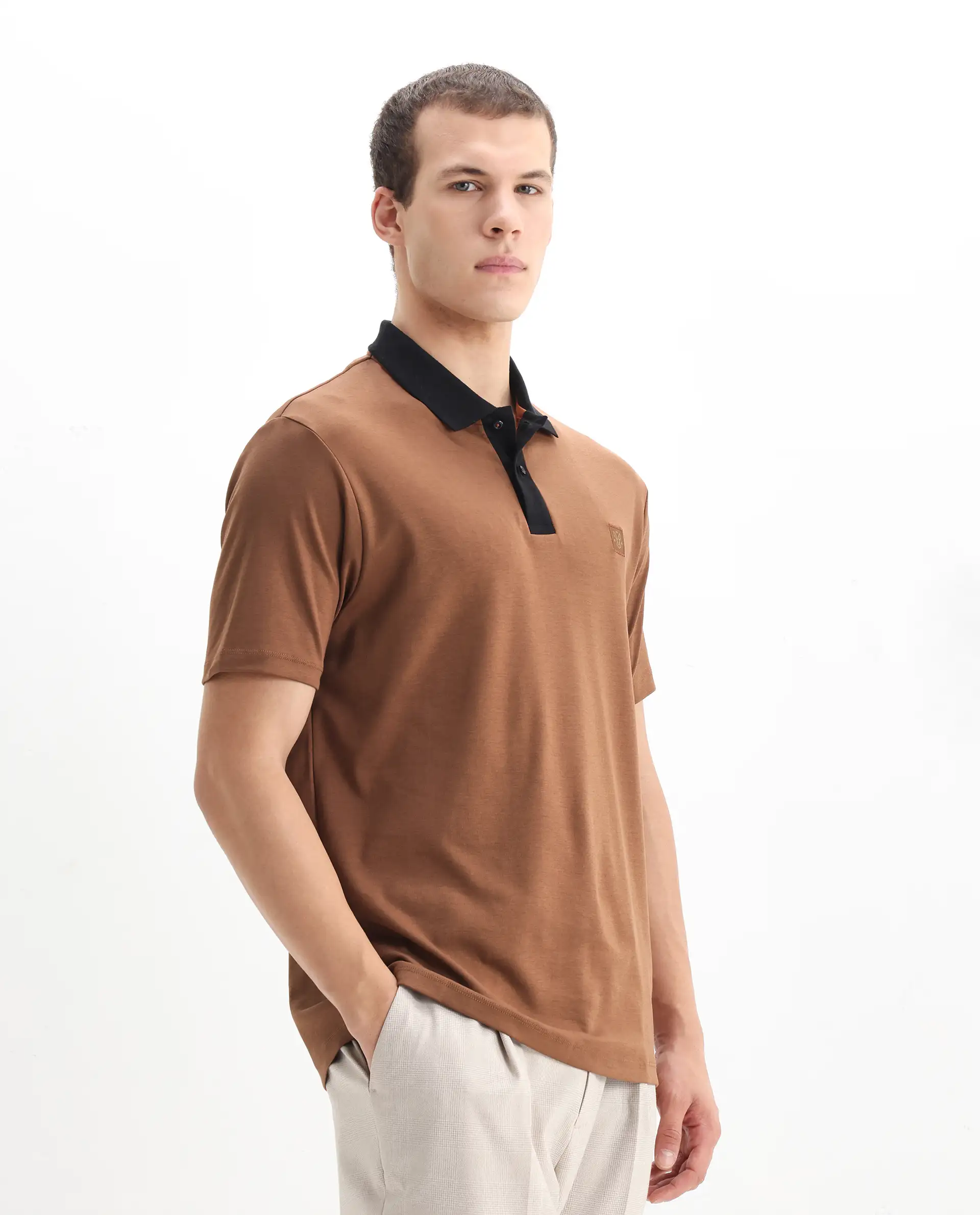 Rare Rabbit Men's Trex Dusky Brown Cotton Plain Regular Fit Half Sleeve Polo - Image 5