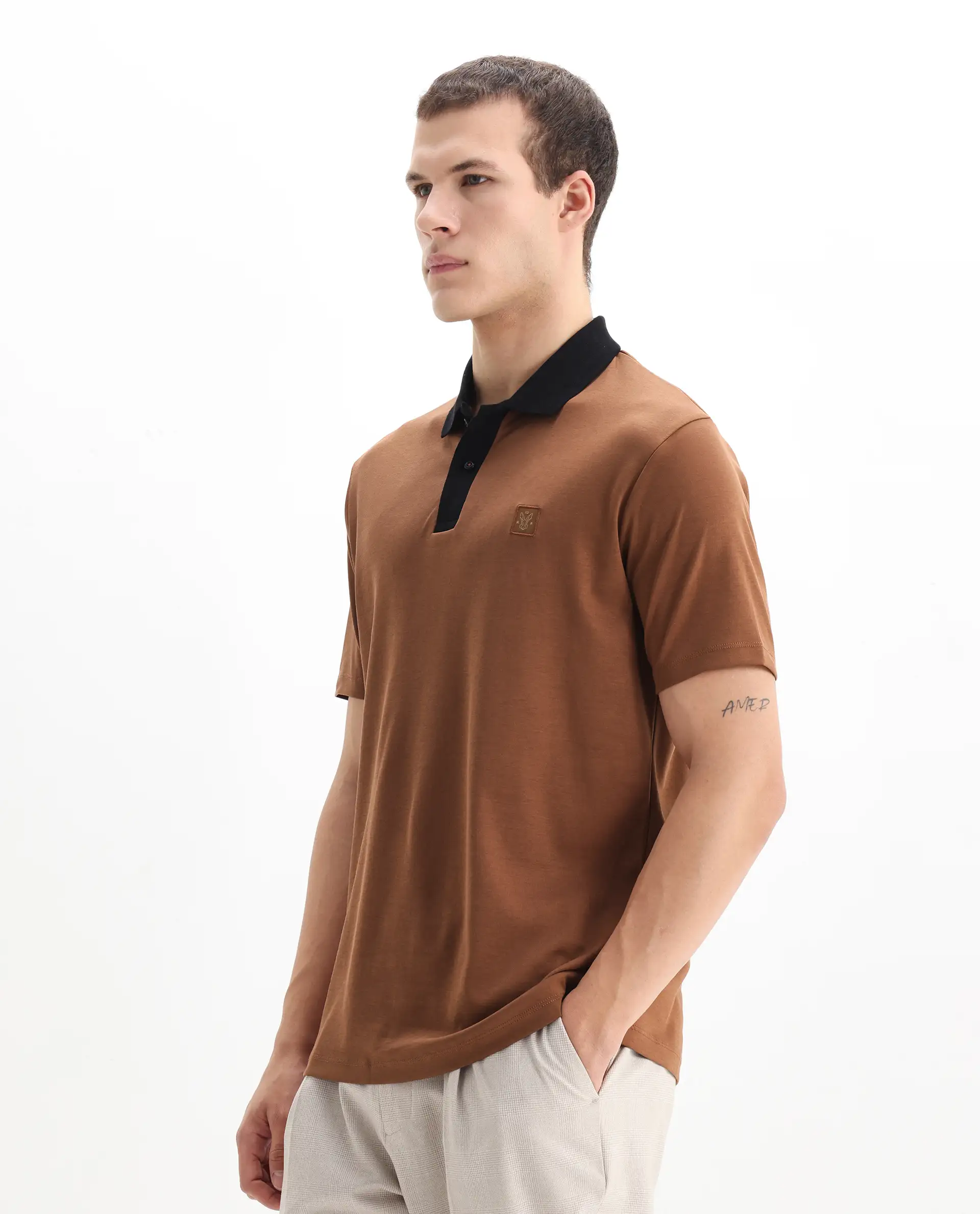 Rare Rabbit Men's Trex Dusky Brown Cotton Plain Regular Fit Half Sleeve Polo - Image 6