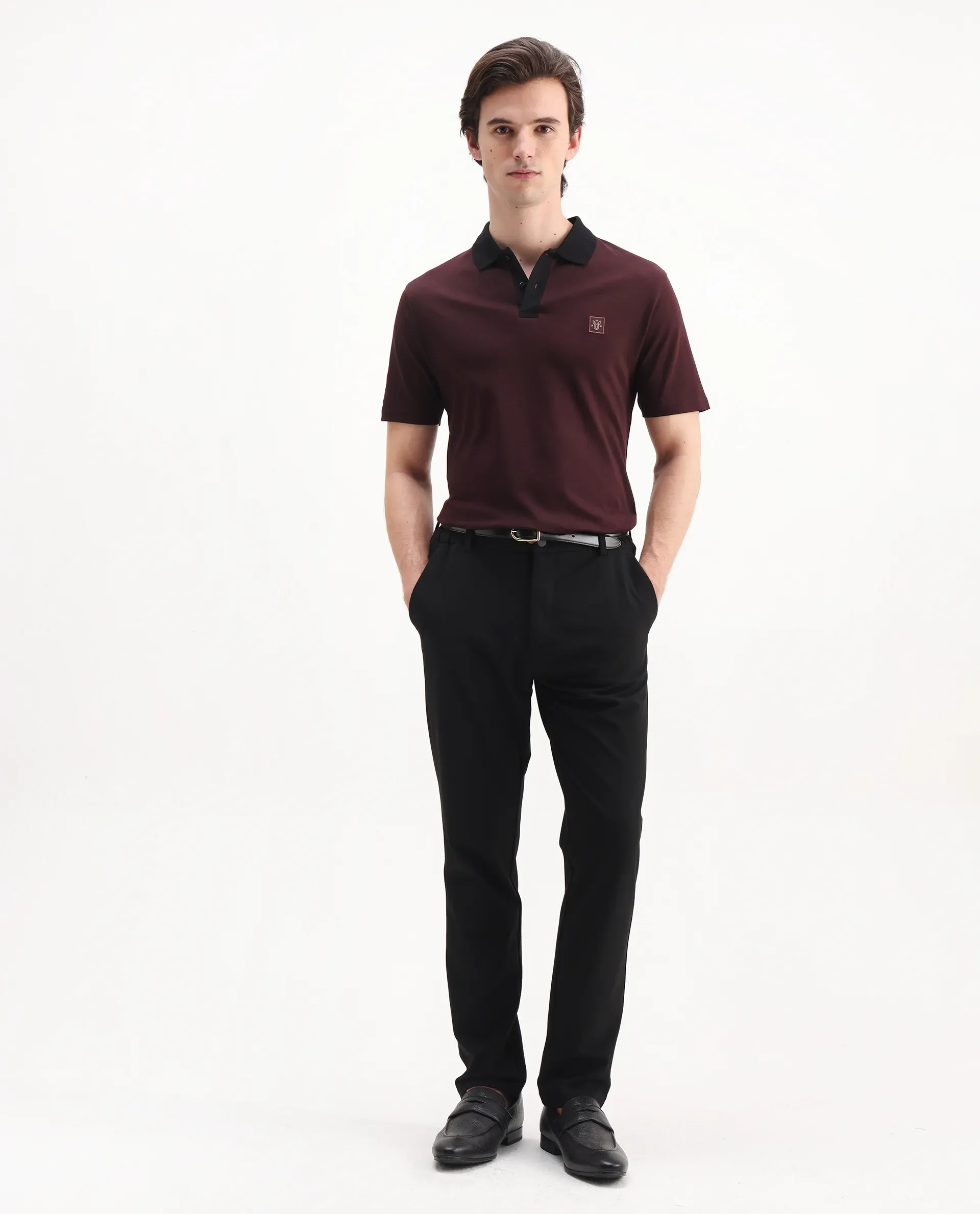 Rare Rabbit Men's Trex Maroon Cotton Plain Regular Fit Half Sleeve Polo - Image 2