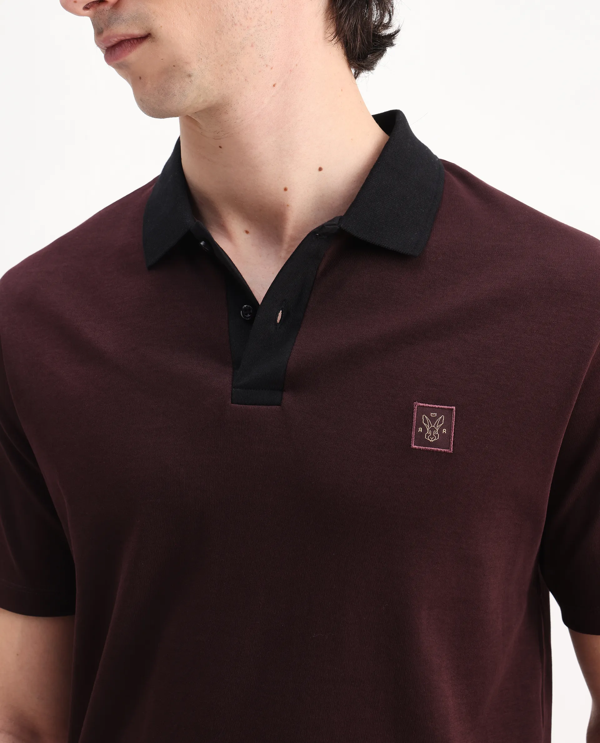 Rare Rabbit Men's Trex Maroon Cotton Plain Regular Fit Half Sleeve Polo - Image 3