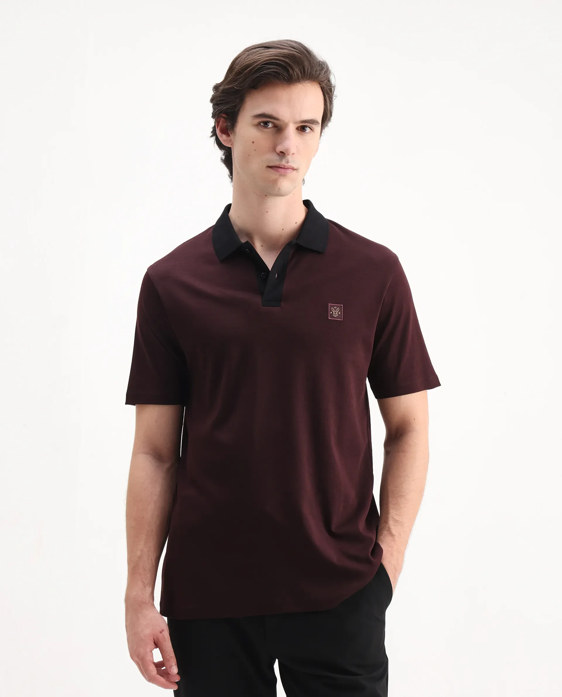 Rare Rabbit Men's Trex Maroon Cotton Plain Regular Fit Half Sleeve Polo - Image 4