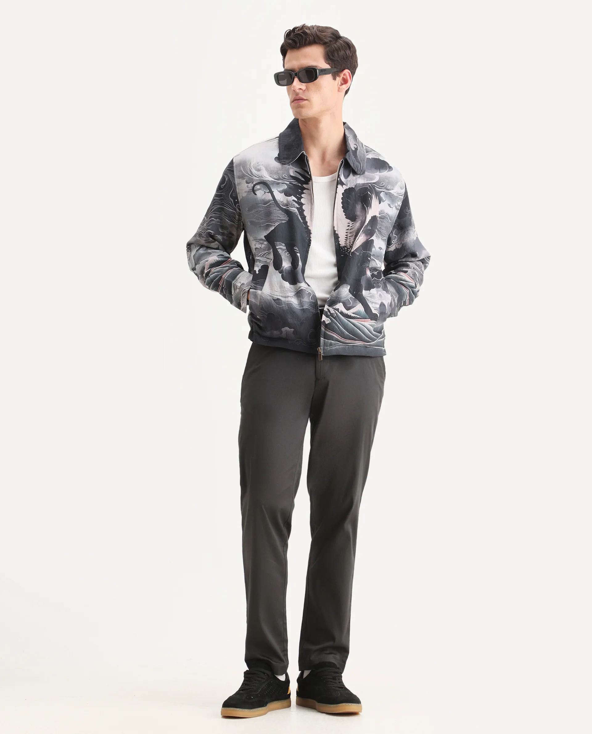 Rare Rabbit Men's Trez Black Viscose Blend Fabric Spread Collar Regular Fit Abstract Print Jacket - Image 2