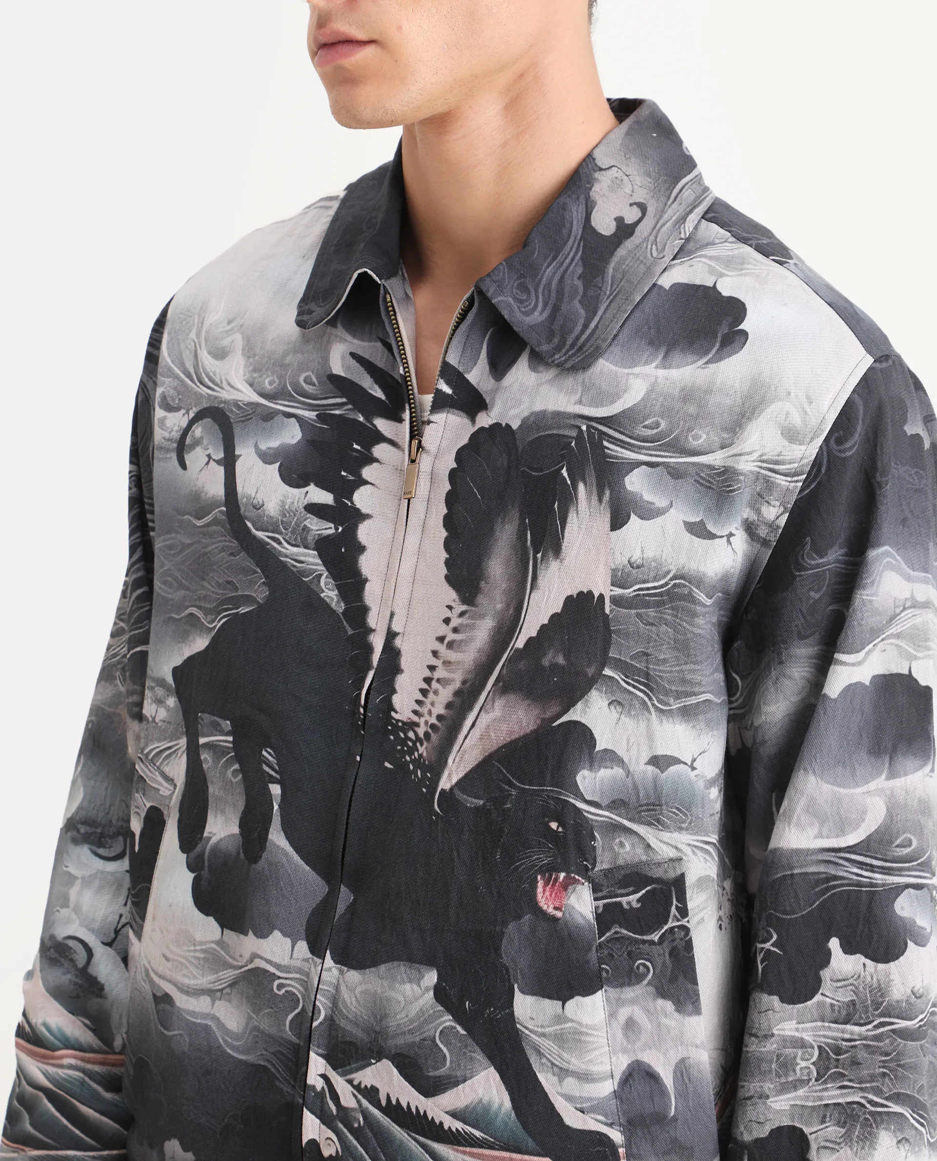 Rare Rabbit Men's Trez Black Viscose Blend Fabric Spread Collar Regular Fit Abstract Print Jacket - Image 4