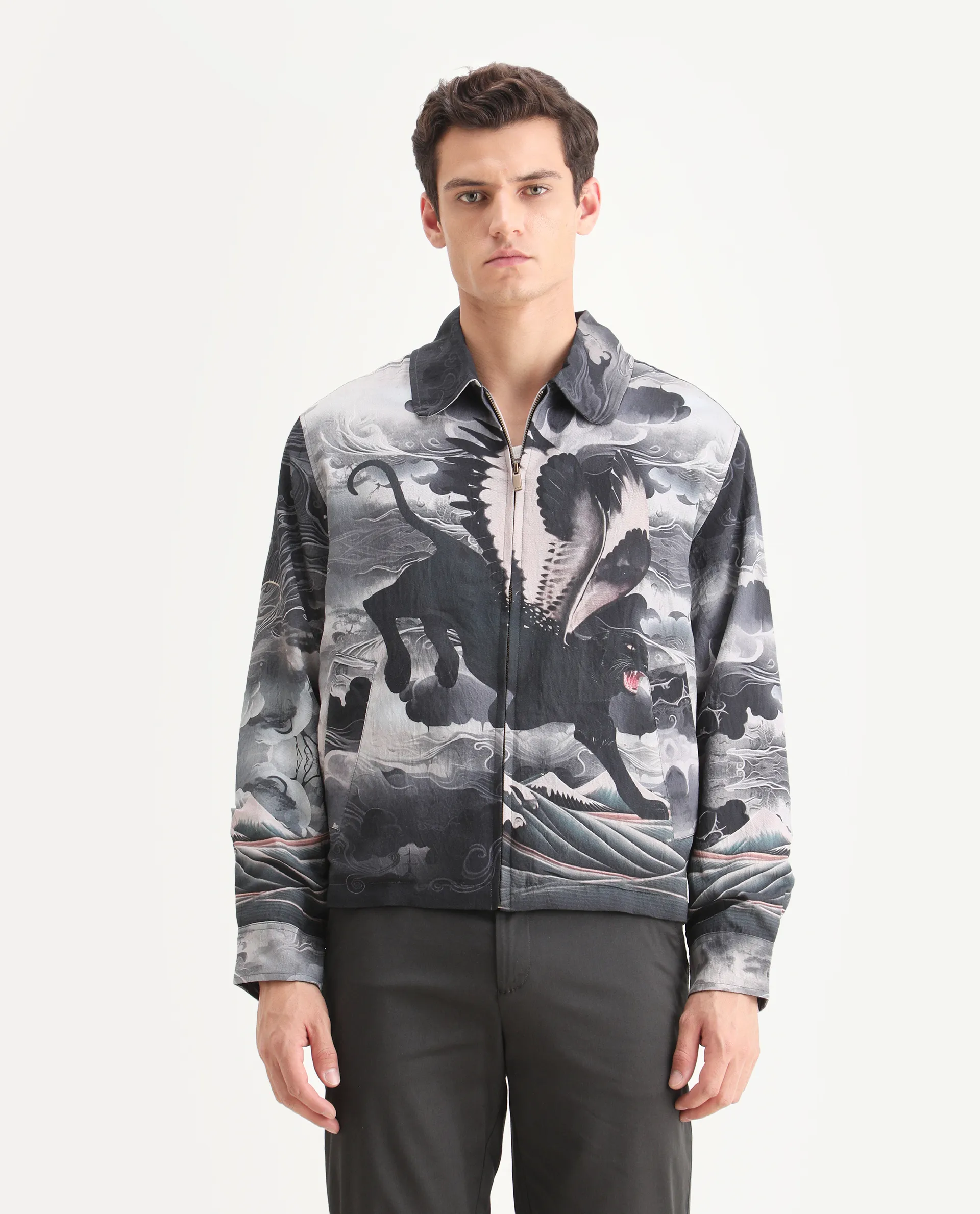 Rare Rabbit Men's Trez Black Viscose Blend Fabric Spread Collar Regular Fit Abstract Print Jacket - Image 5
