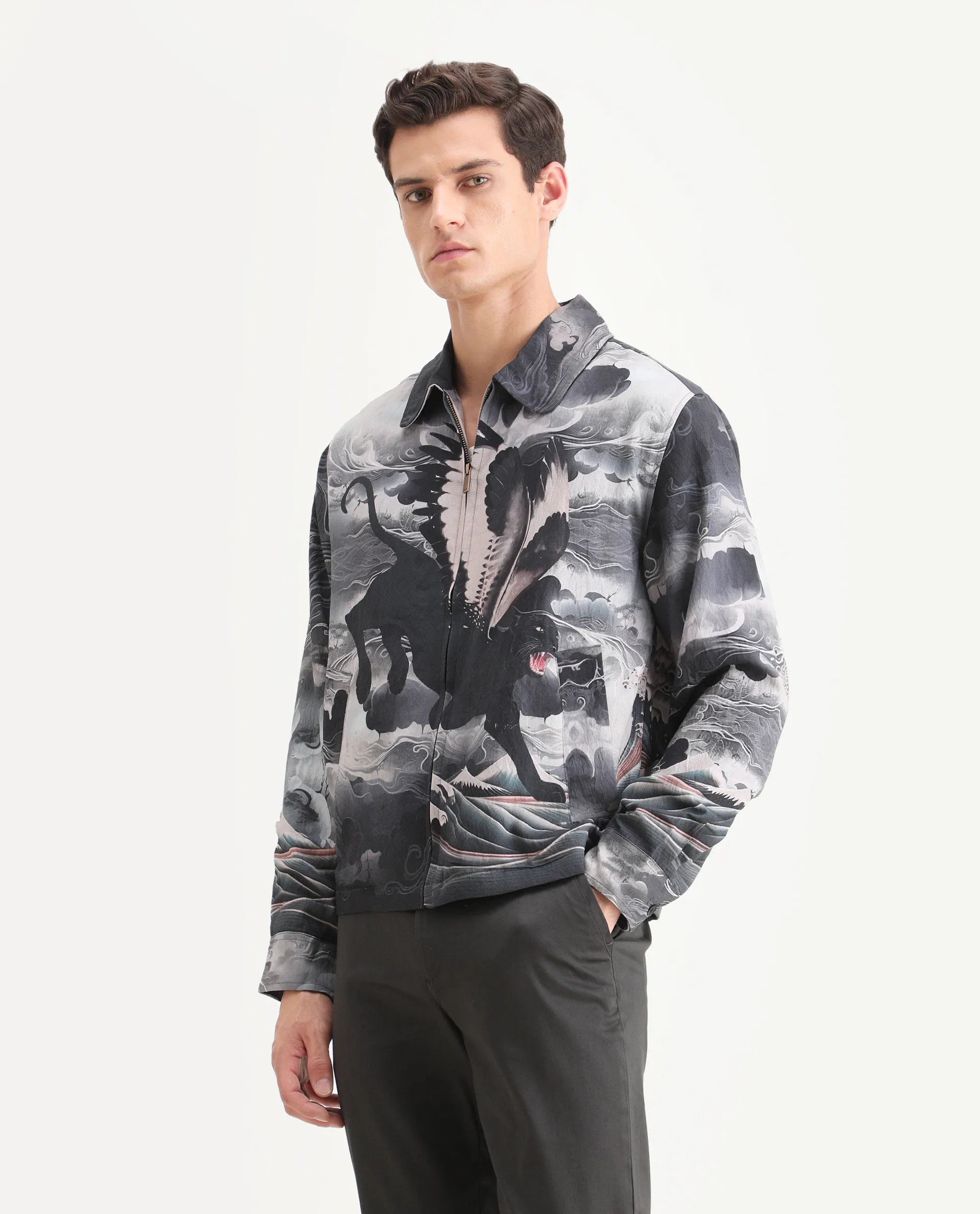 Rare Rabbit Men's Trez Black Viscose Blend Fabric Spread Collar Regular Fit Abstract Print Jacket - Image 6