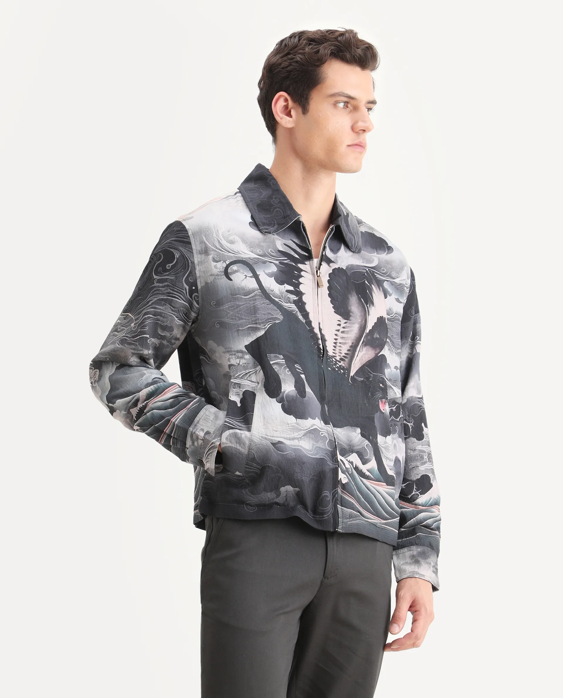 Rare Rabbit Men's Trez Black Viscose Blend Fabric Spread Collar Regular Fit Abstract Print Jacket - Image 7