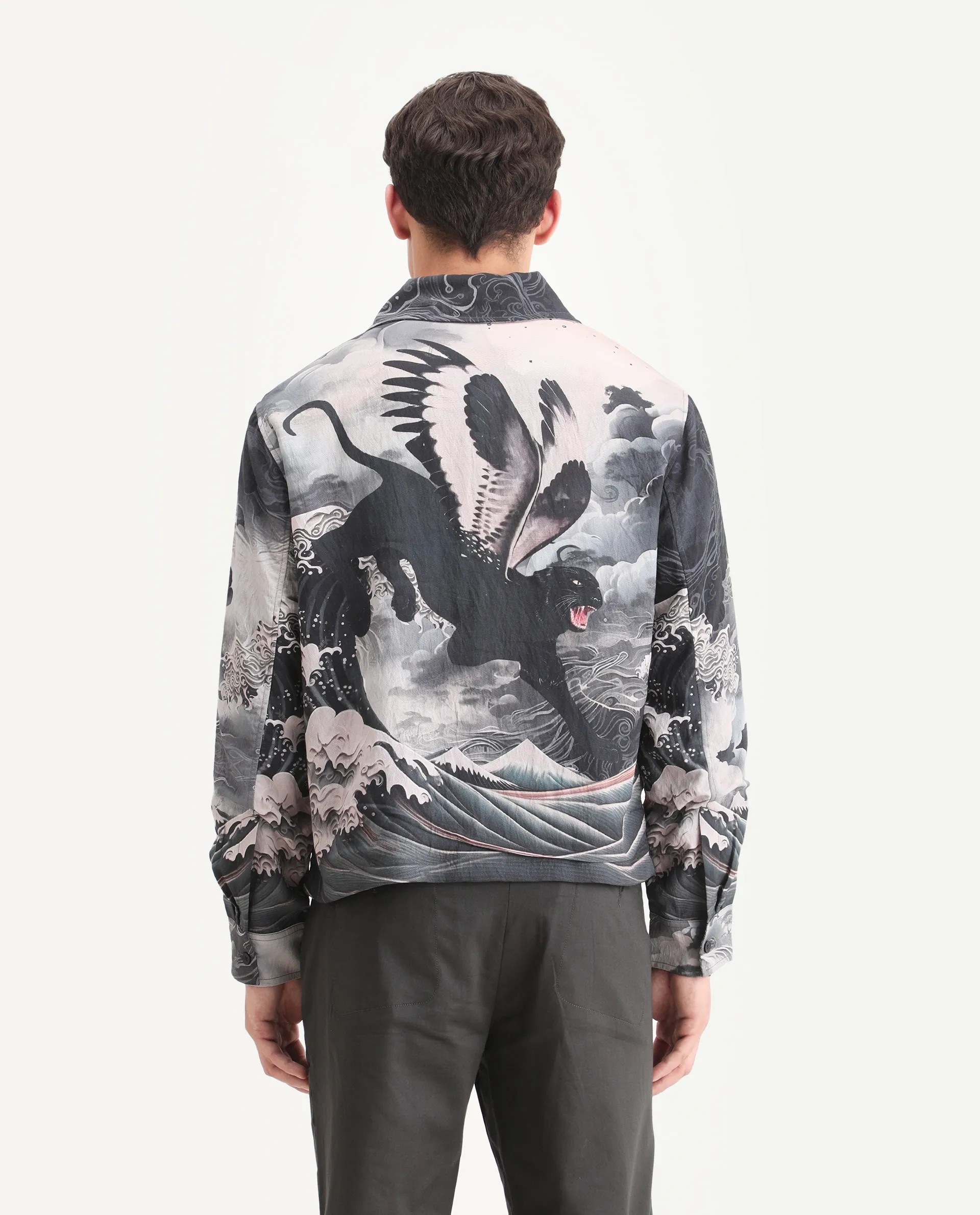 Rare Rabbit Men's Trez Black Viscose Blend Fabric Spread Collar Regular Fit Abstract Print Jacket - Image 8