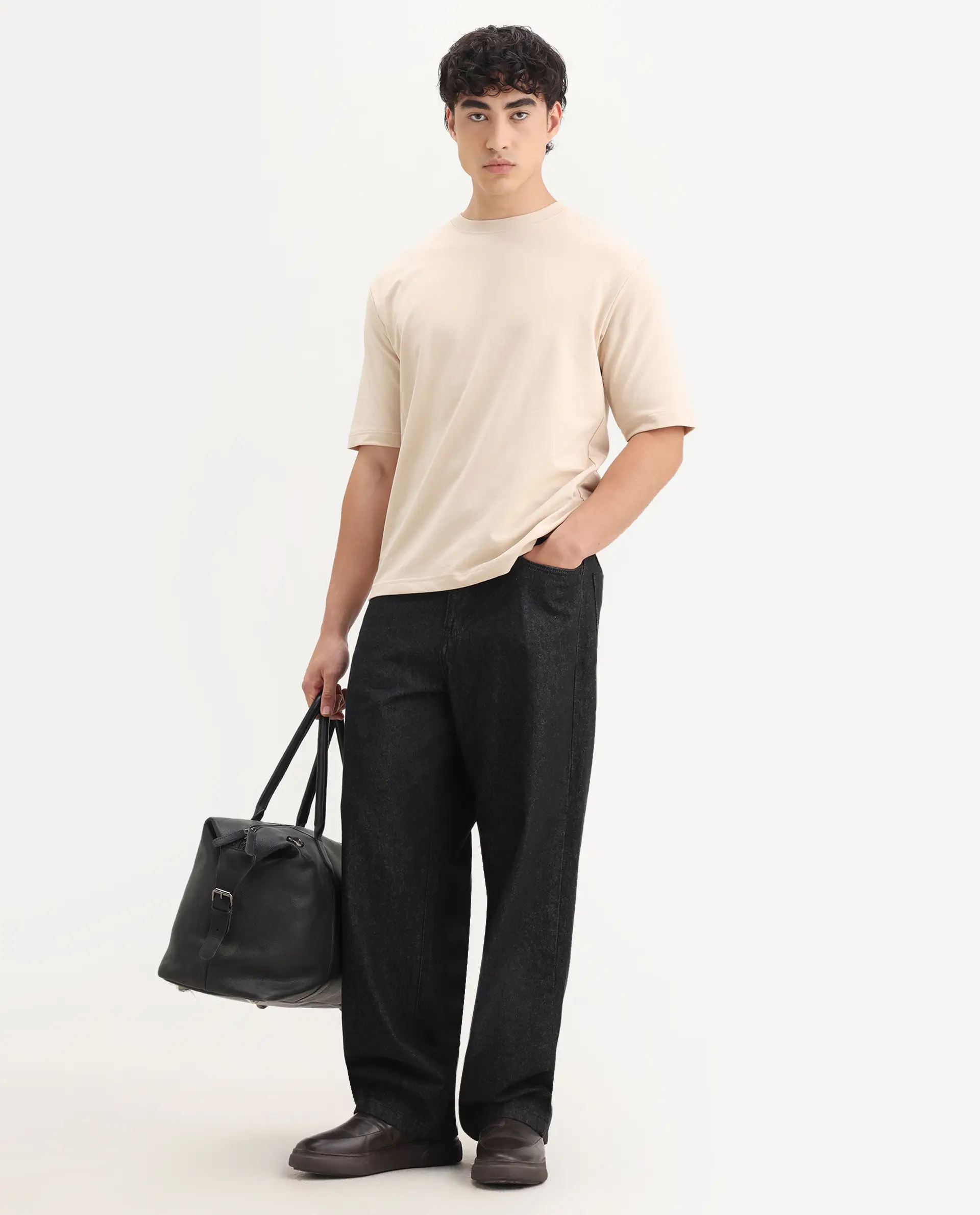 Rare Rabbit Men's Trez Beige Cotton Embroidered Oversized Fit Half Sleeve Crew Neck T-Shirt - Image 2