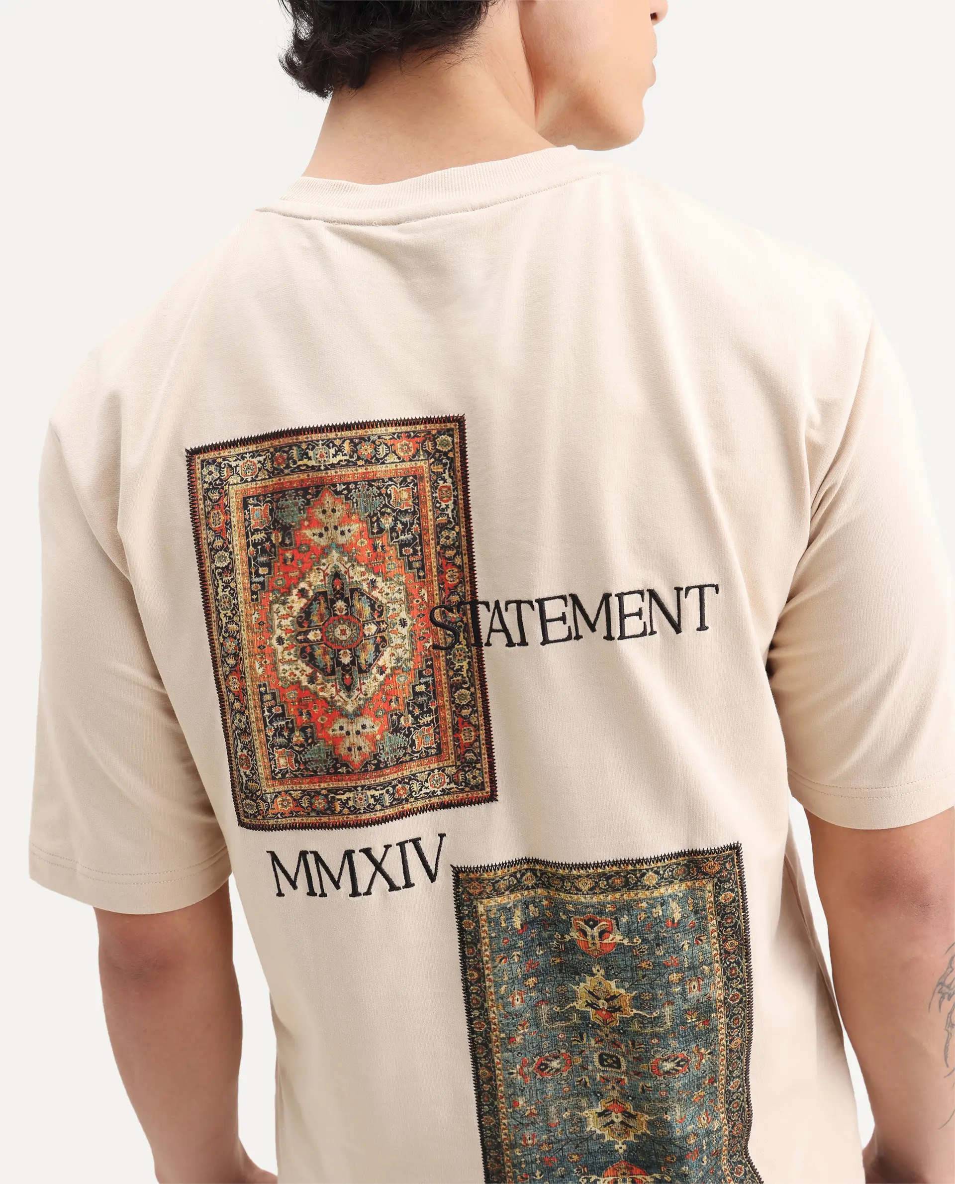 Rare Rabbit Men's Trez Beige Cotton Embroidered Oversized Fit Half Sleeve Crew Neck T-Shirt - Image 3