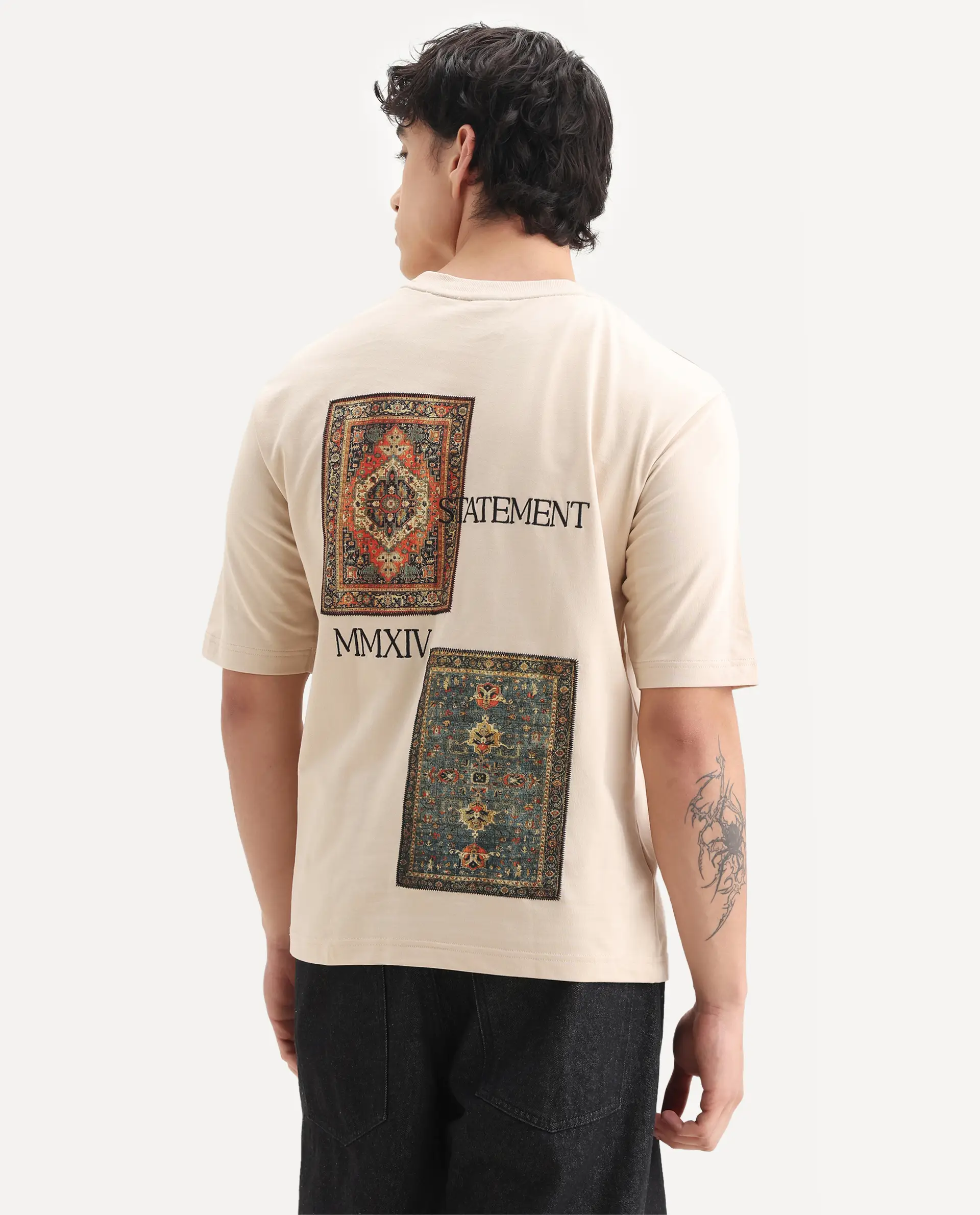 Rare Rabbit Men's Trez Beige Cotton Embroidered Oversized Fit Half Sleeve Crew Neck T-Shirt - Image 4
