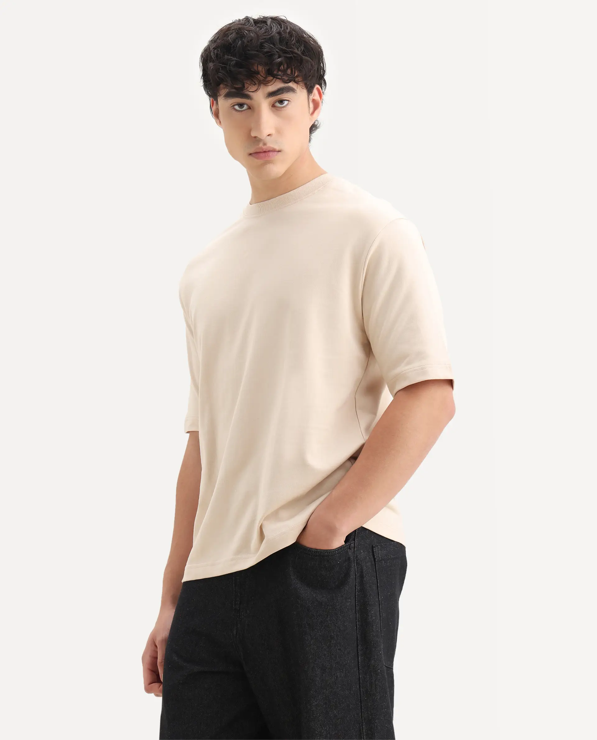 Rare Rabbit Men's Trez Beige Cotton Embroidered Oversized Fit Half Sleeve Crew Neck T-Shirt - Image 5