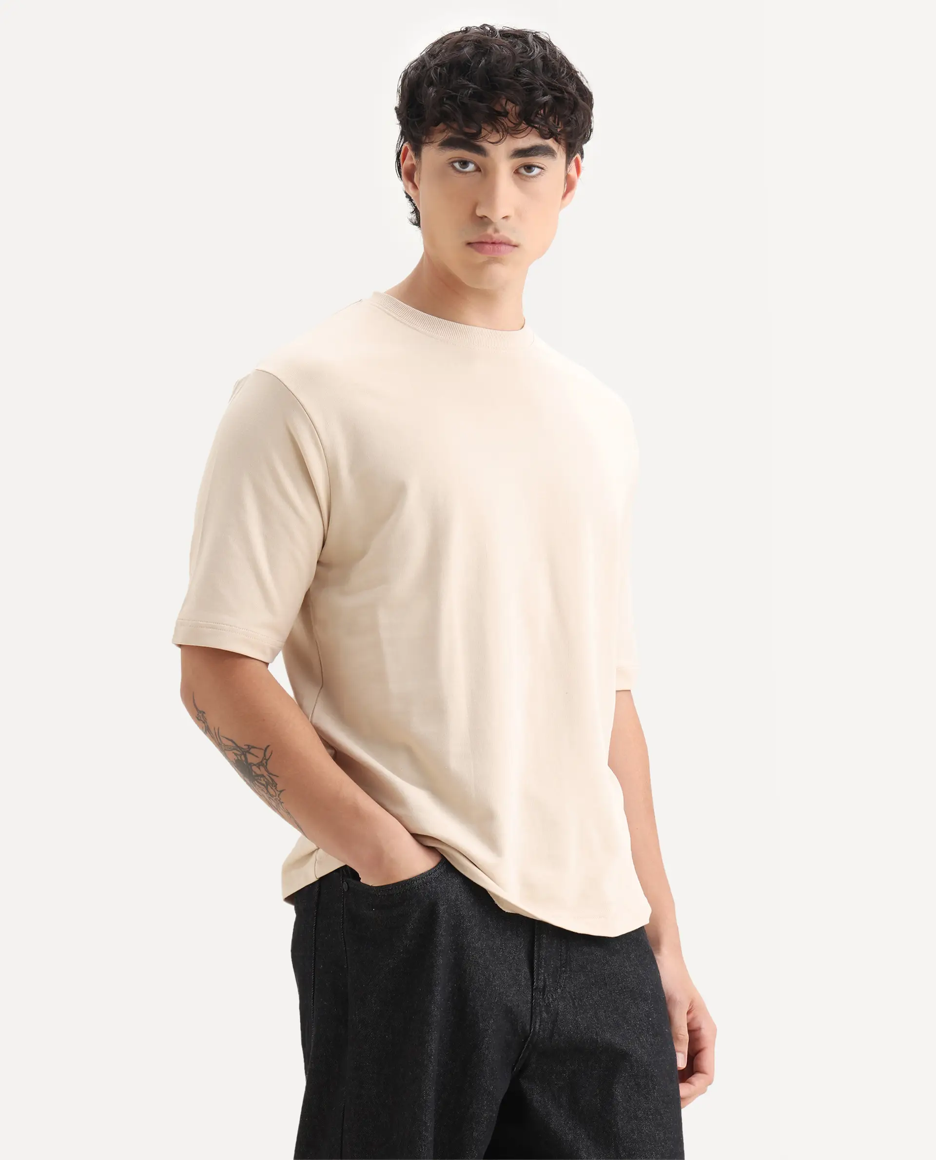 Rare Rabbit Men's Trez Beige Cotton Embroidered Oversized Fit Half Sleeve Crew Neck T-Shirt - Image 6