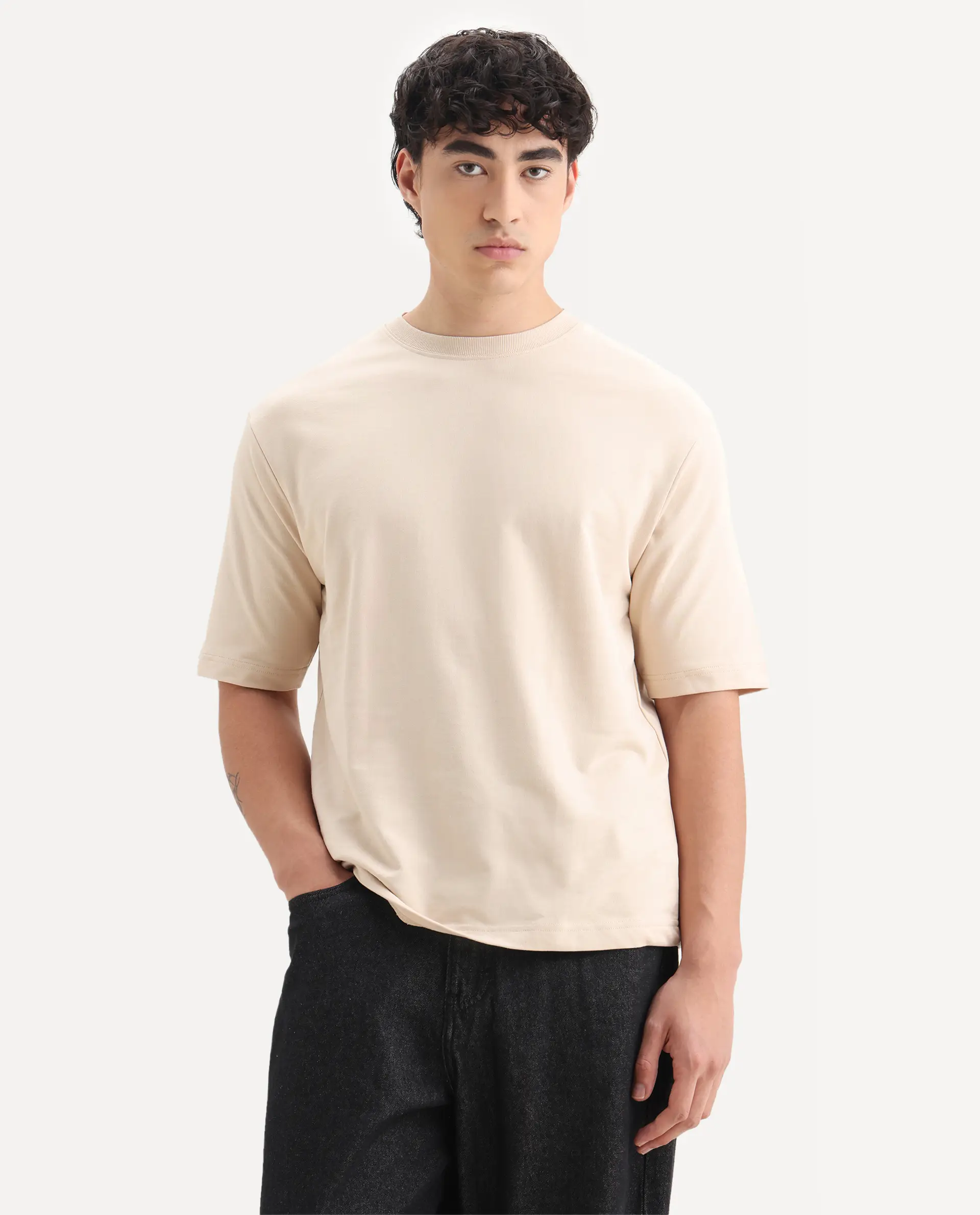 Rare Rabbit Men's Trez Beige Cotton Embroidered Oversized Fit Half Sleeve Crew Neck T-Shirt - Image 7