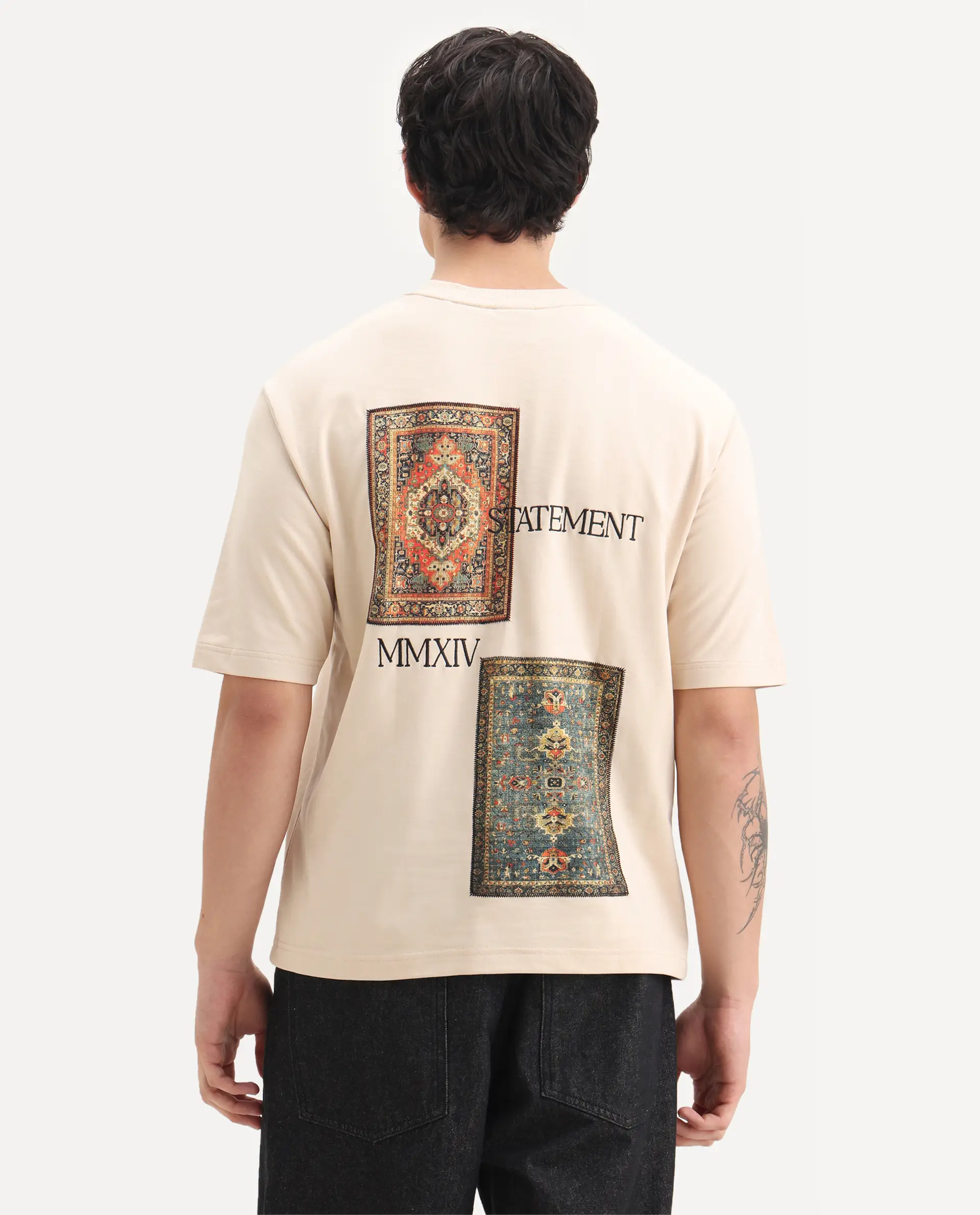 Rare Rabbit Men's Trez Beige Cotton Embroidered Oversized Fit Half Sleeve Crew Neck T-Shirt - Image 8