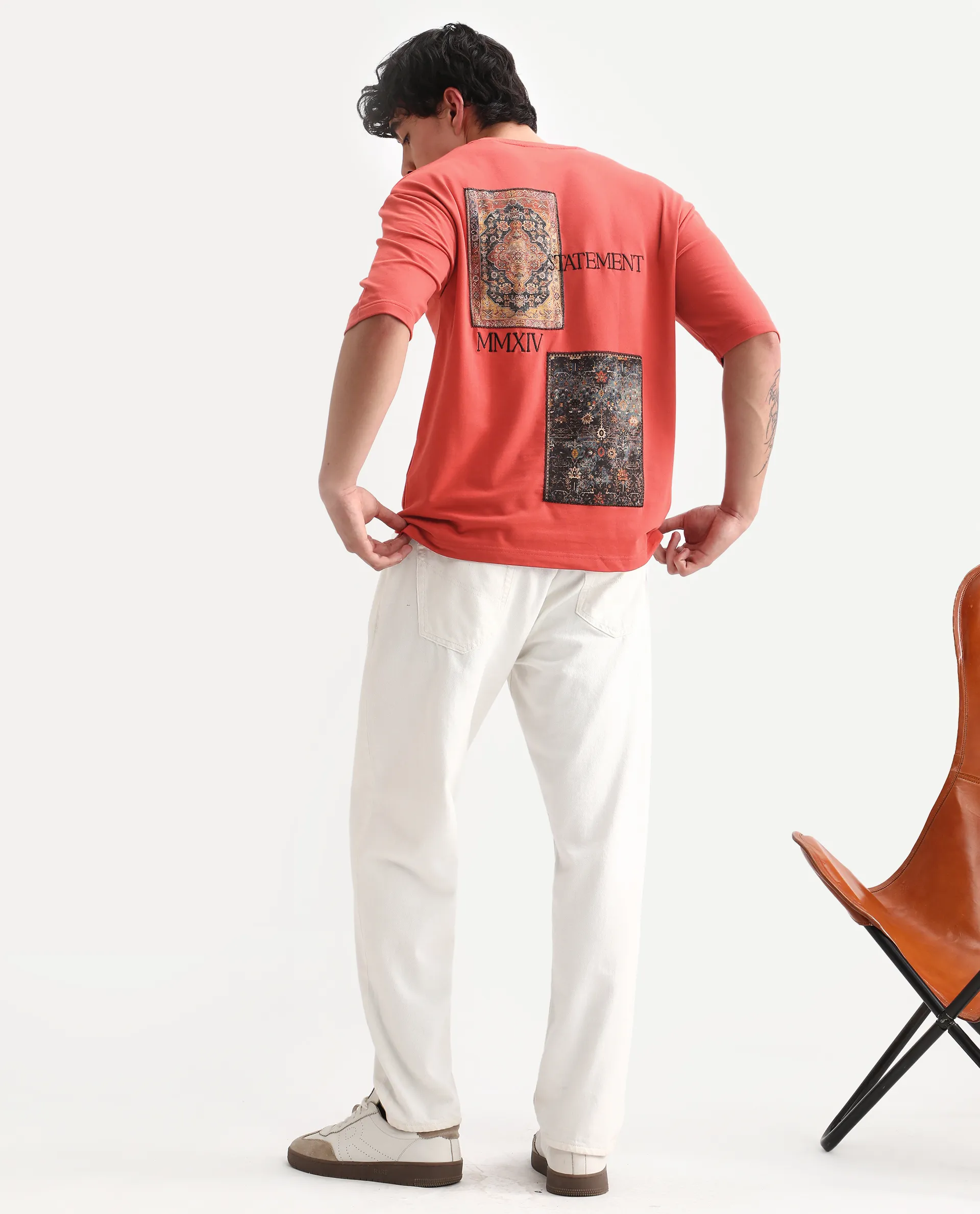 Rare Rabbit Men's Trez Dusky Red Cotton Embroidered Oversized Fit Half Sleeve Crew Neck T-Shirt - Image 2