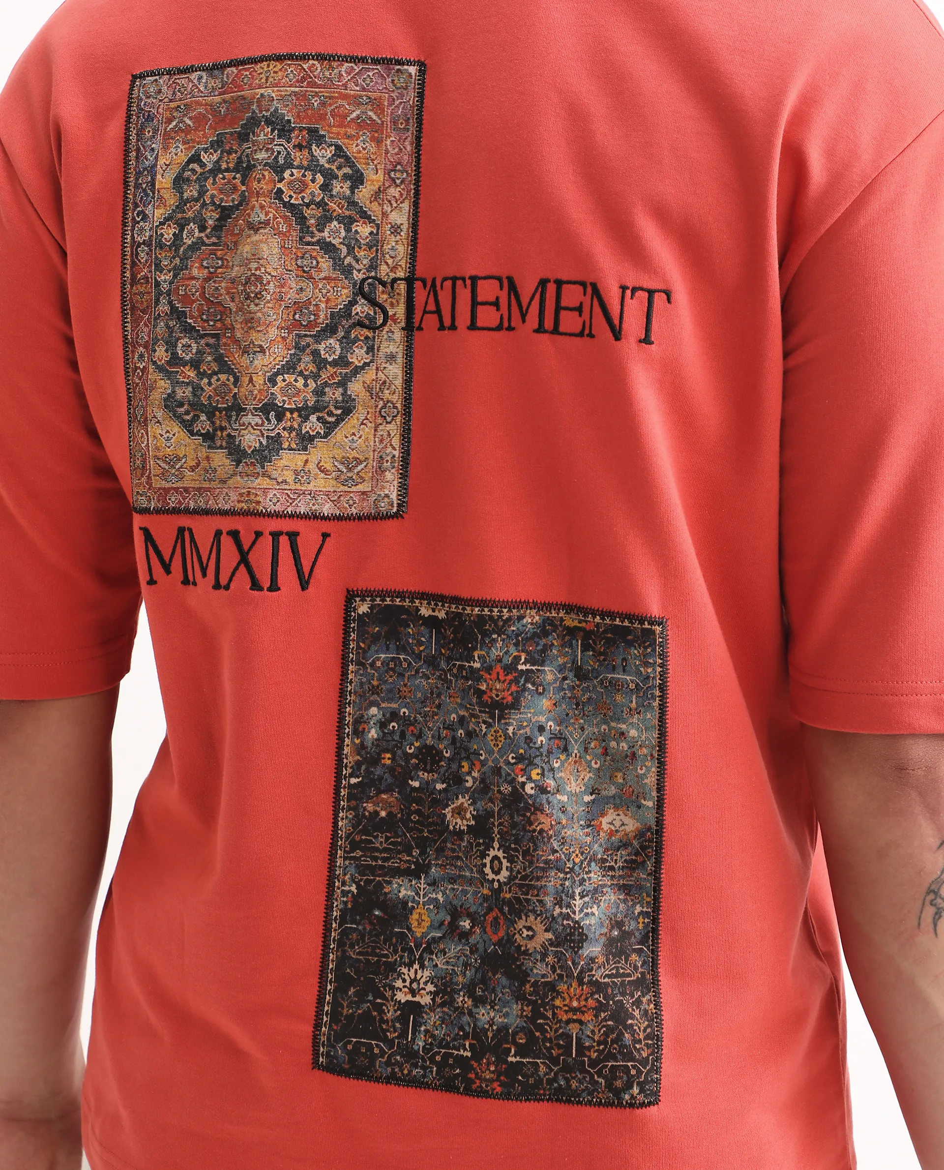 Rare Rabbit Men's Trez Dusky Red Cotton Embroidered Oversized Fit Half Sleeve Crew Neck T-Shirt - Image 3