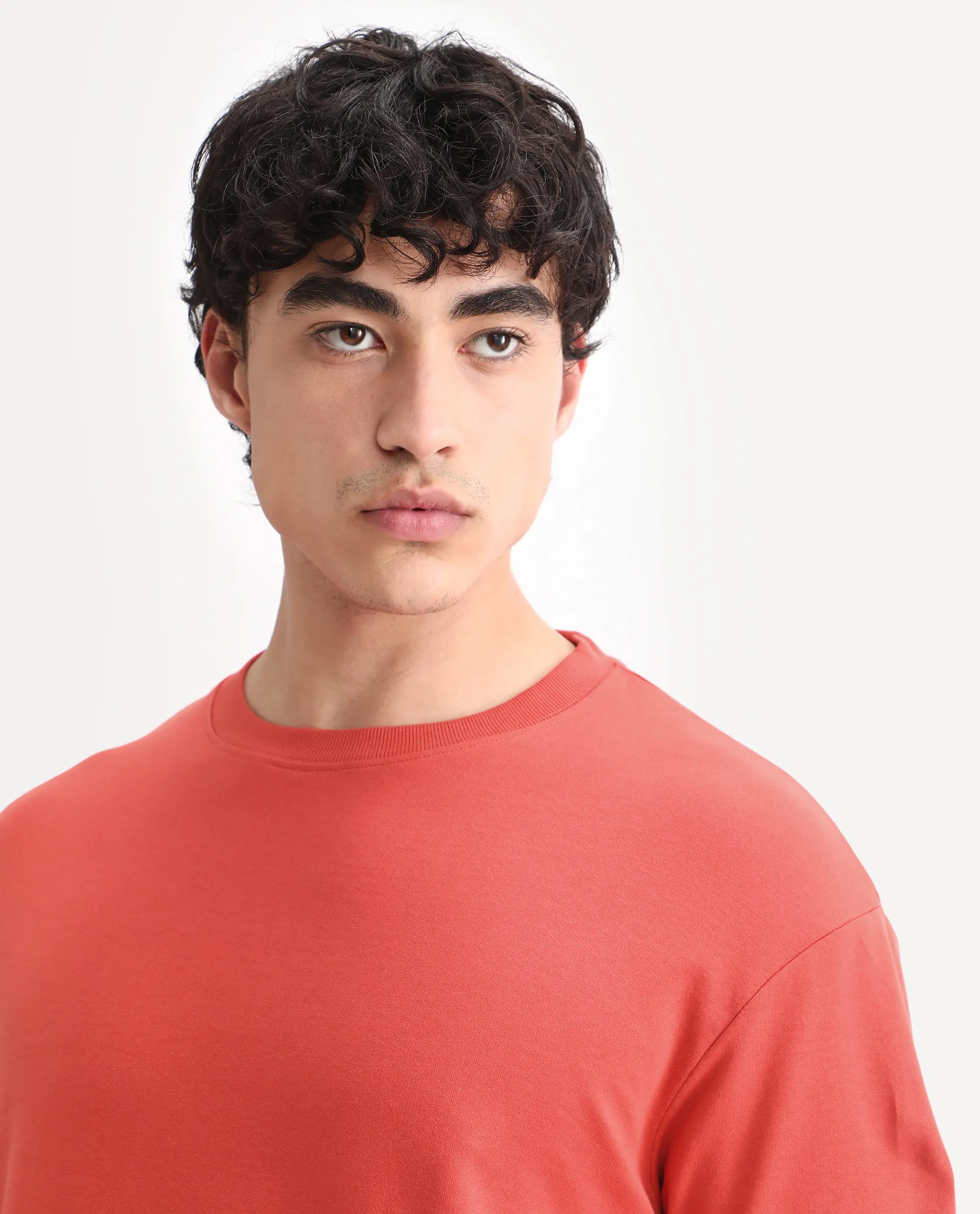 Rare Rabbit Men's Trez Dusky Red Cotton Embroidered Oversized Fit Half Sleeve Crew Neck T-Shirt - Image 4