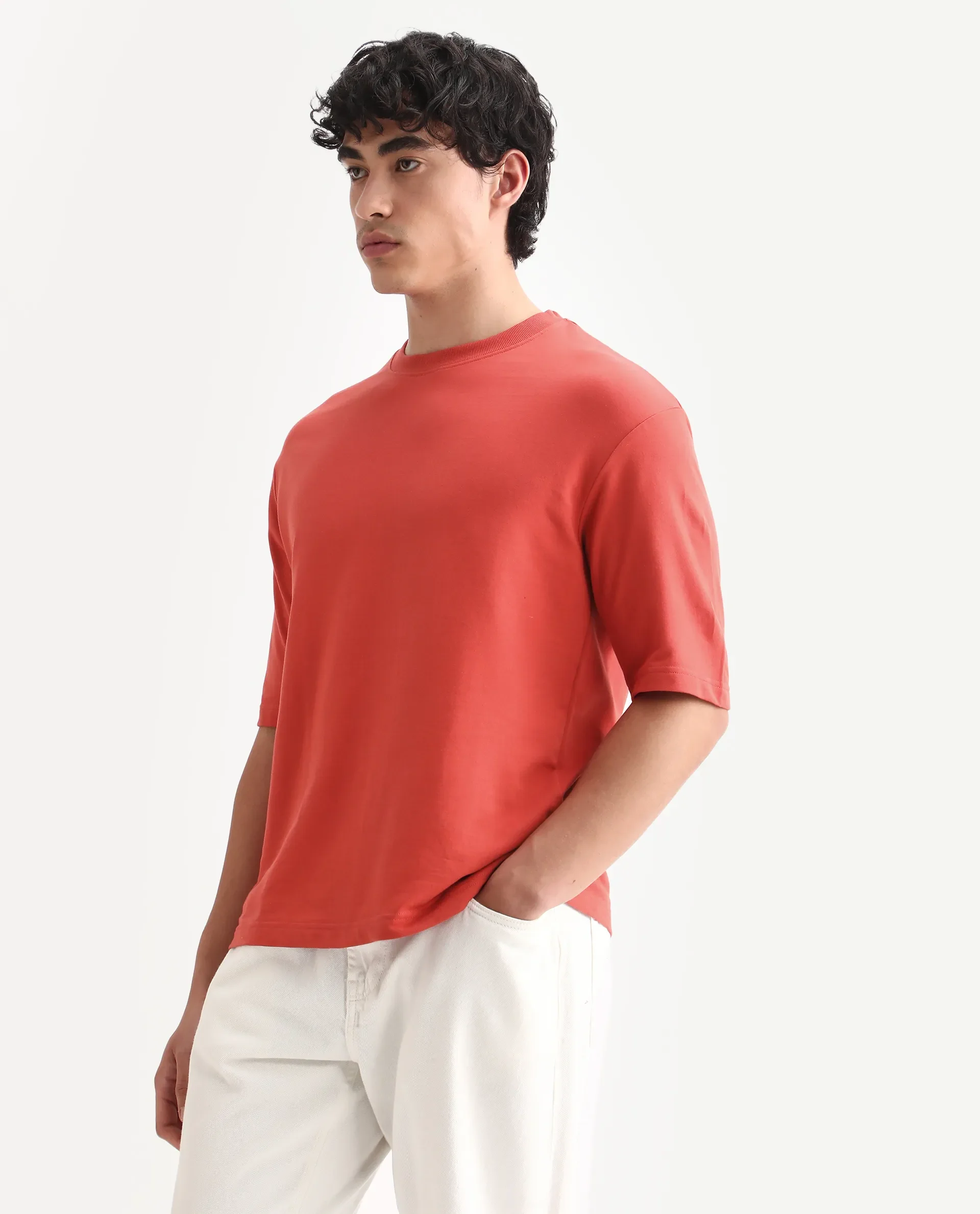 Rare Rabbit Men's Trez Dusky Red Cotton Embroidered Oversized Fit Half Sleeve Crew Neck T-Shirt - Image 5