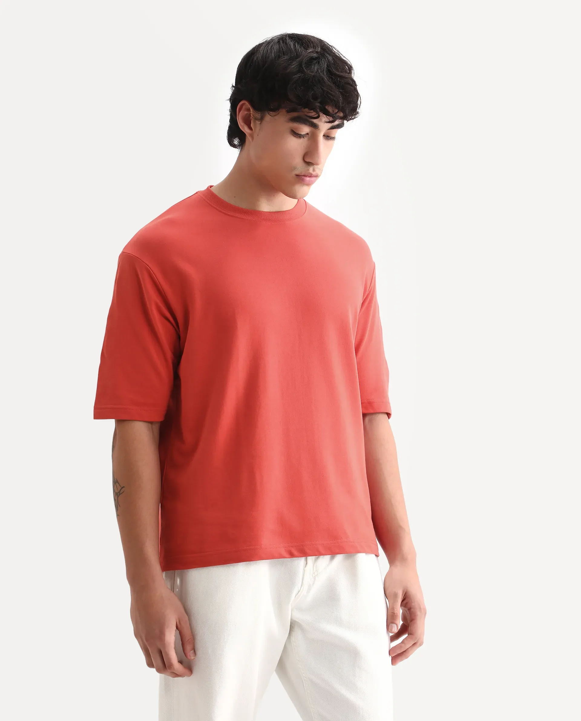 Rare Rabbit Men's Trez Dusky Red Cotton Embroidered Oversized Fit Half Sleeve Crew Neck T-Shirt - Image 6