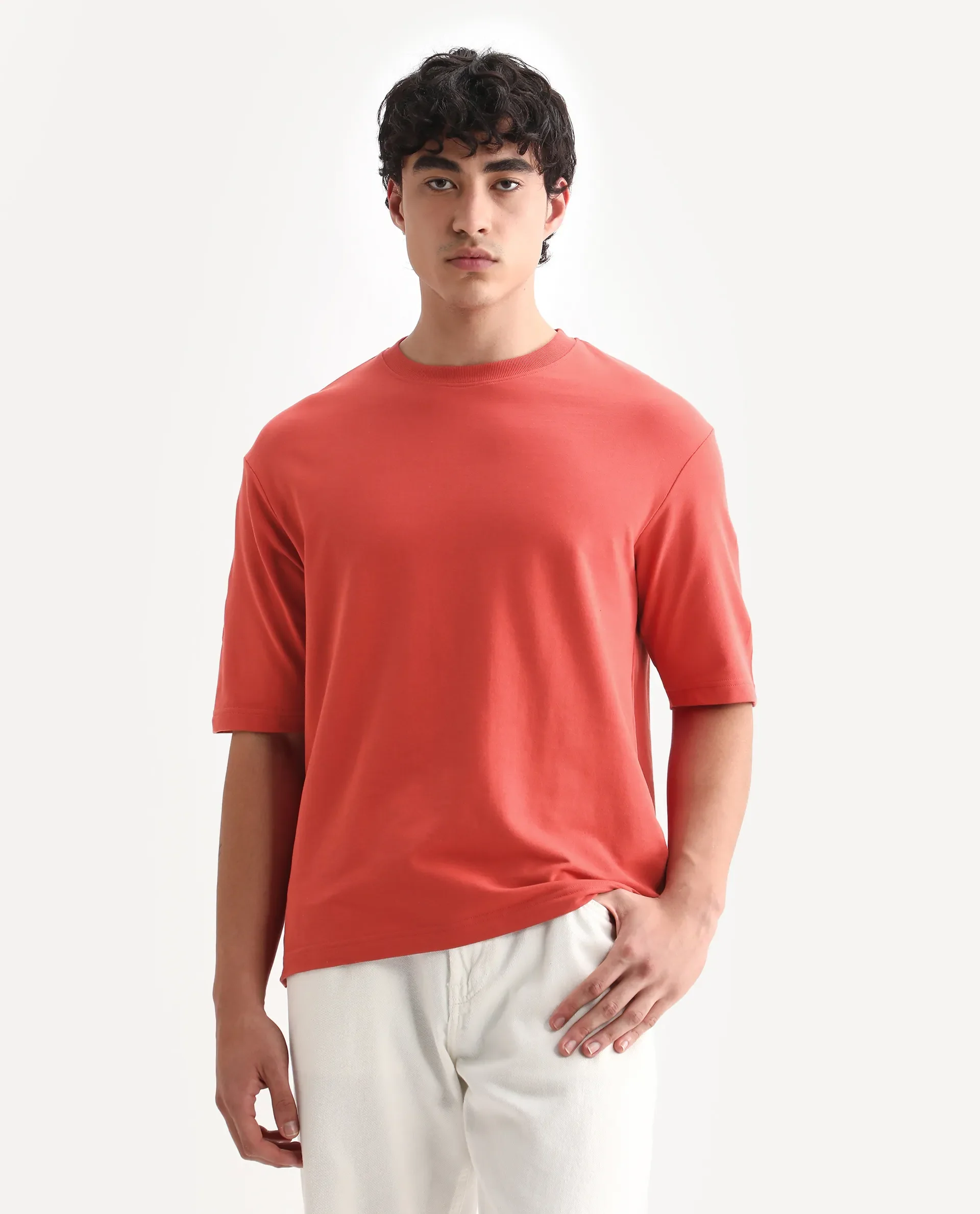 Rare Rabbit Men's Trez Dusky Red Cotton Embroidered Oversized Fit Half Sleeve Crew Neck T-Shirt - Image 7
