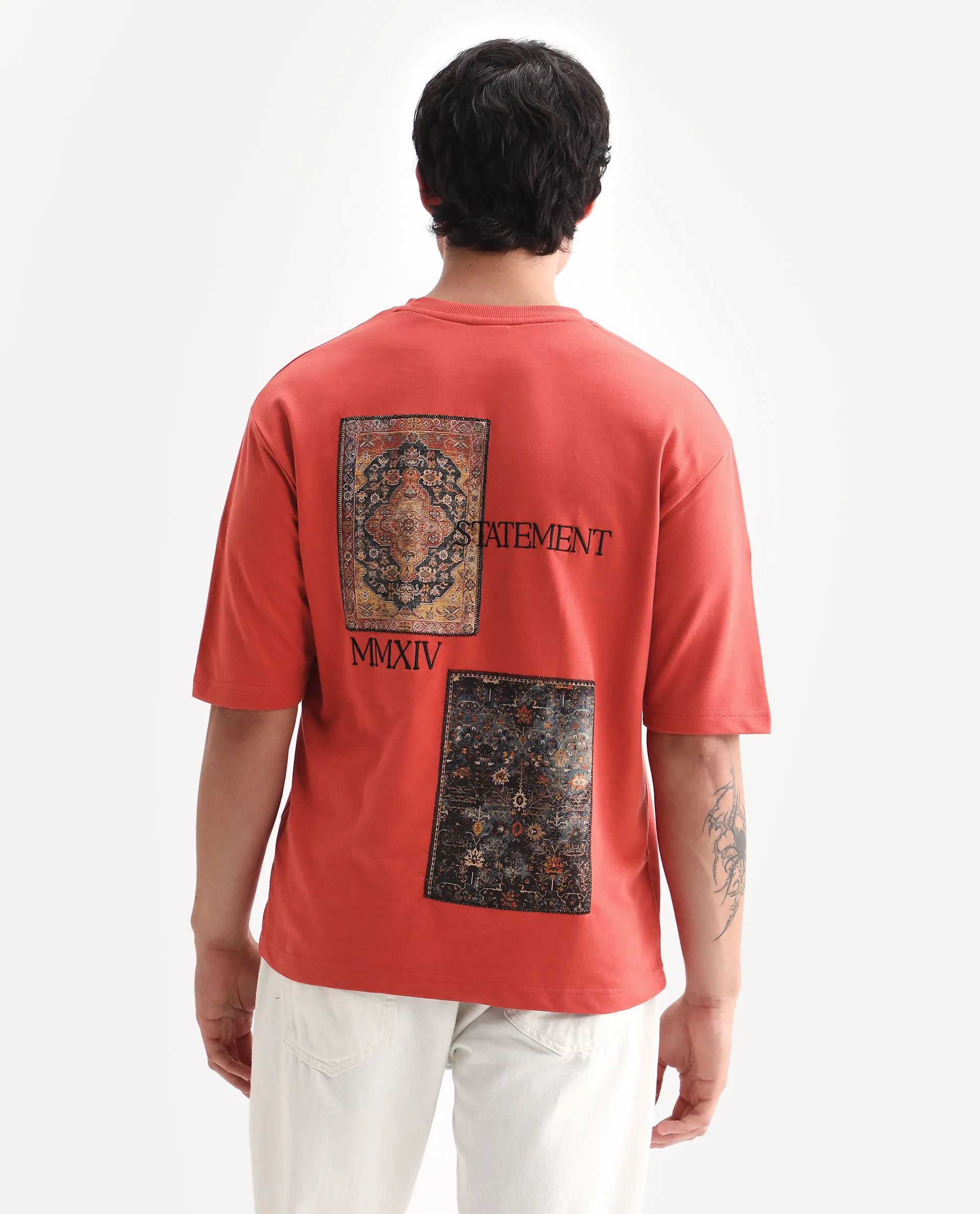 Rare Rabbit Men's Trez Dusky Red Cotton Embroidered Oversized Fit Half Sleeve Crew Neck T-Shirt - Image 8