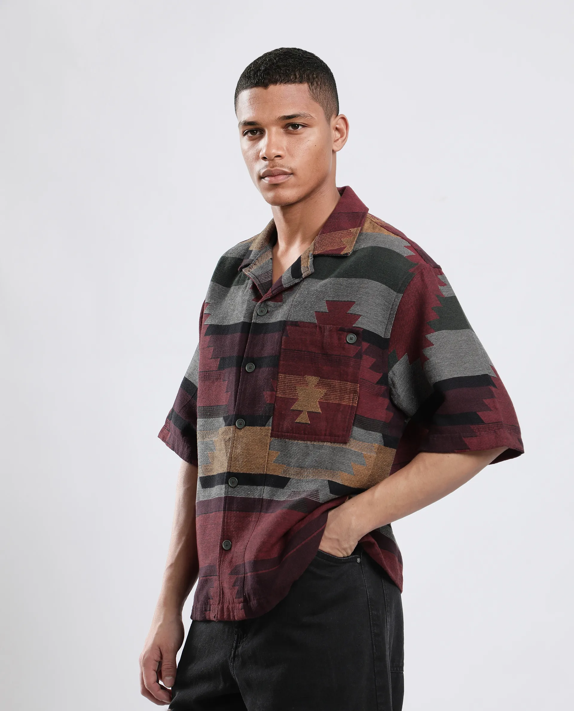 Rare Rabbit Men's Tri Maroon Cotton Jacquard Boxy Fit Half Sleeve Collared Shirt - Image 3