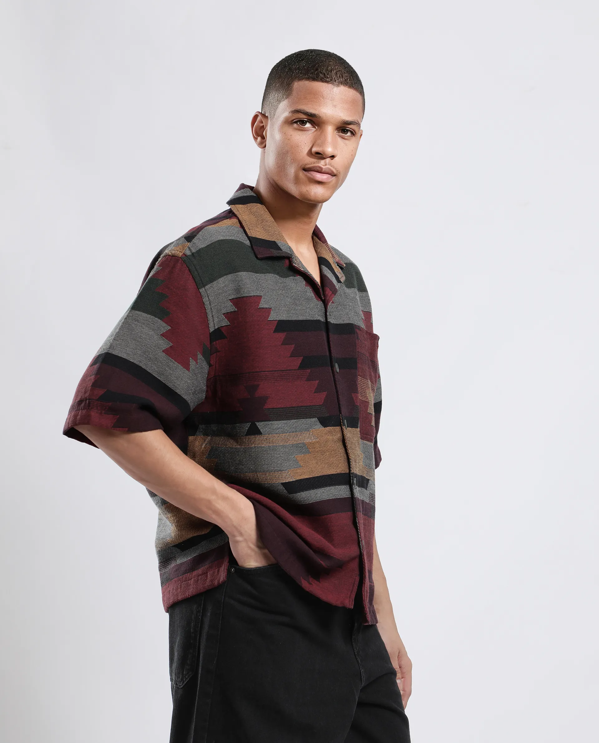 Rare Rabbit Men's Tri Maroon Cotton Jacquard Boxy Fit Half Sleeve Collared Shirt - Image 4