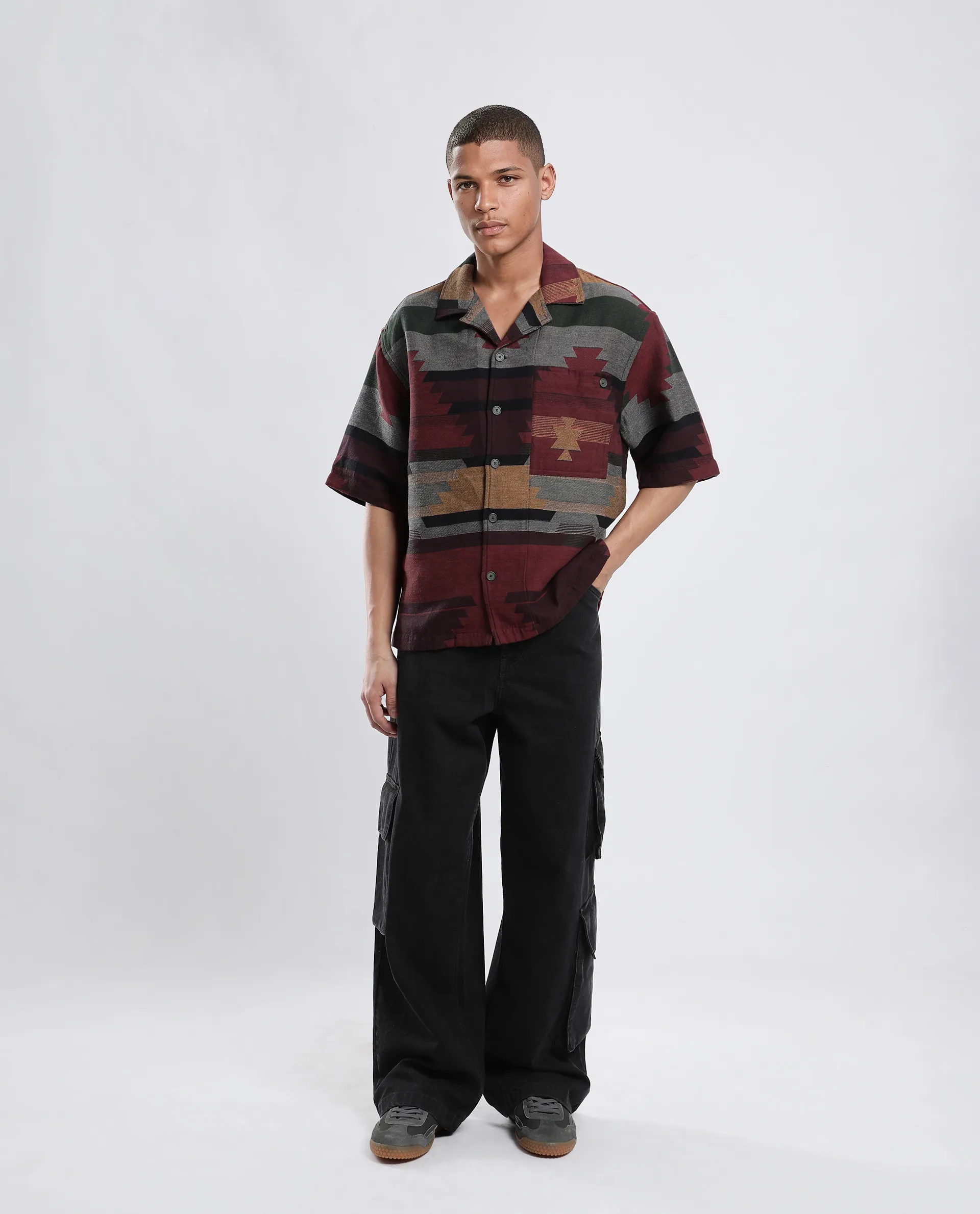 Rare Rabbit Men's Tri Maroon Cotton Jacquard Boxy Fit Half Sleeve Collared Shirt - Image 5