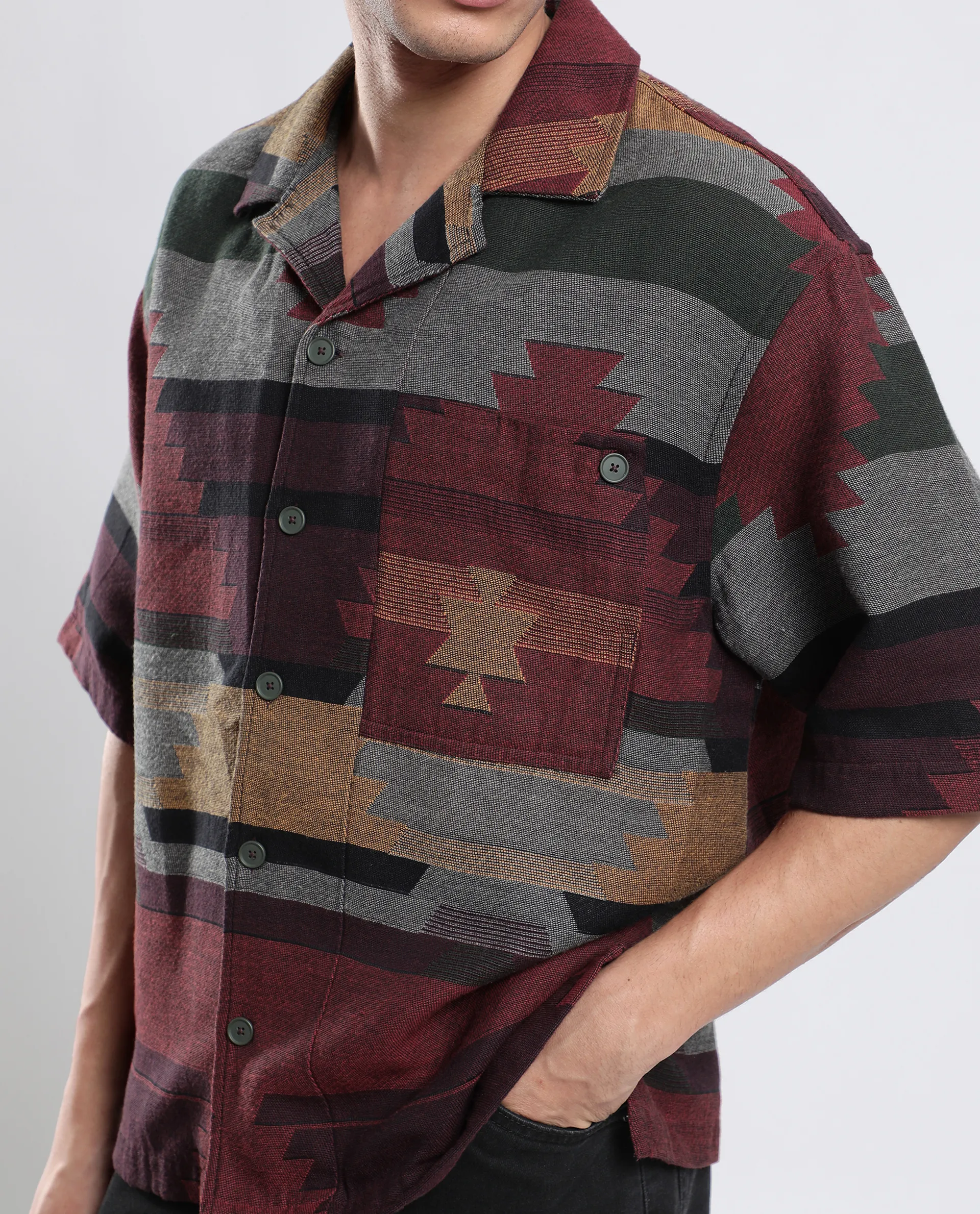 Rare Rabbit Men's Tri Maroon Cotton Jacquard Boxy Fit Half Sleeve Collared Shirt - Image 6