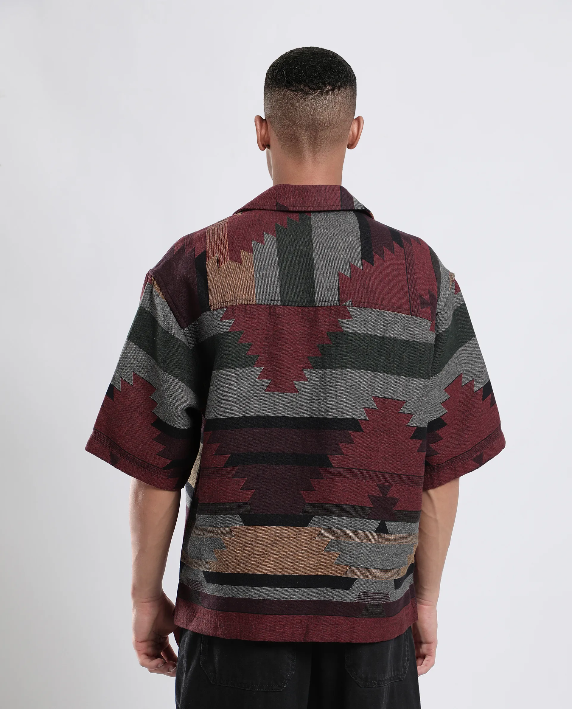 Rare Rabbit Men's Tri Maroon Cotton Jacquard Boxy Fit Half Sleeve Collared Shirt - Image 7