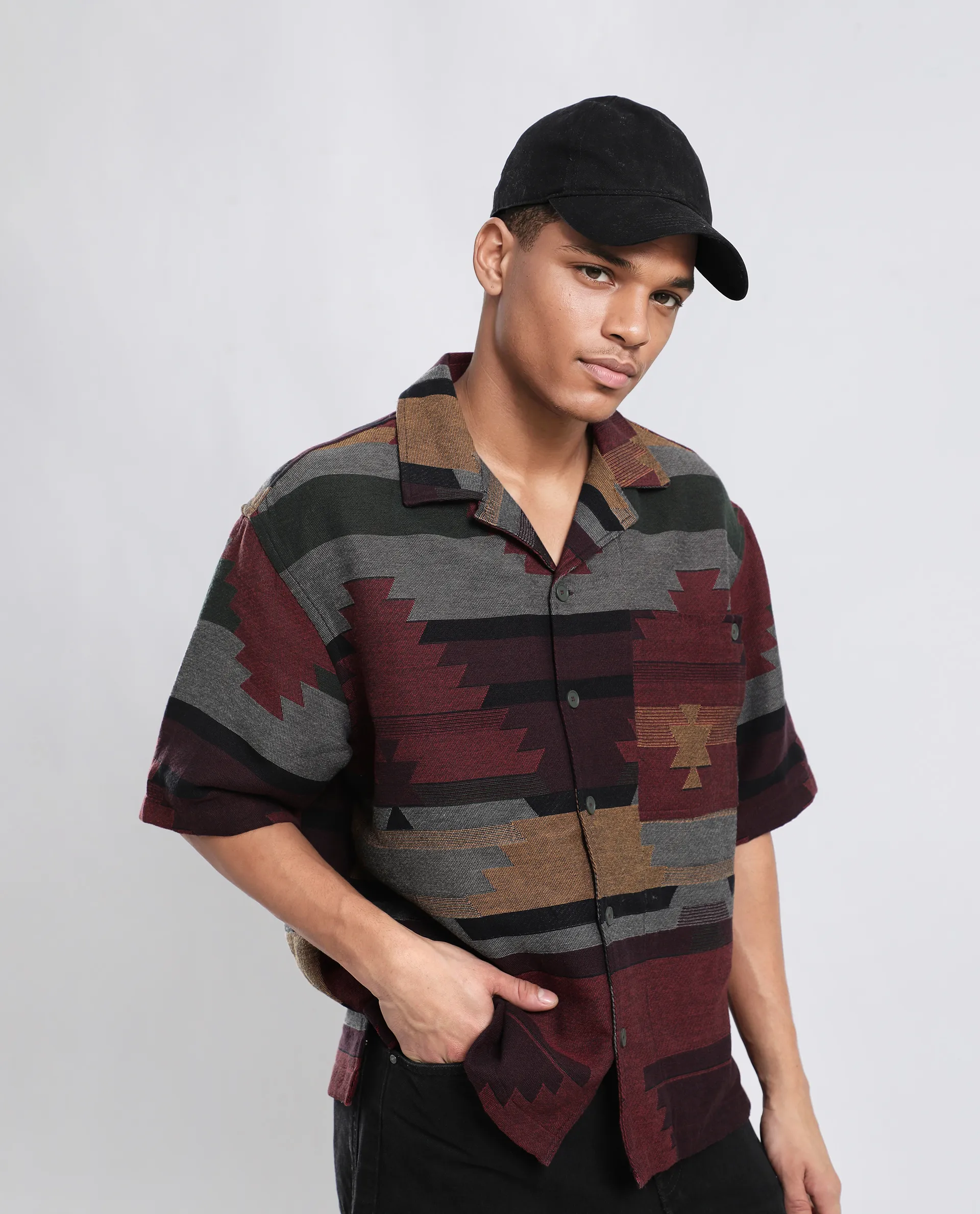 Rare Rabbit Men's Tri Maroon Cotton Jacquard Boxy Fit Half Sleeve Collared Shirt - Image 8