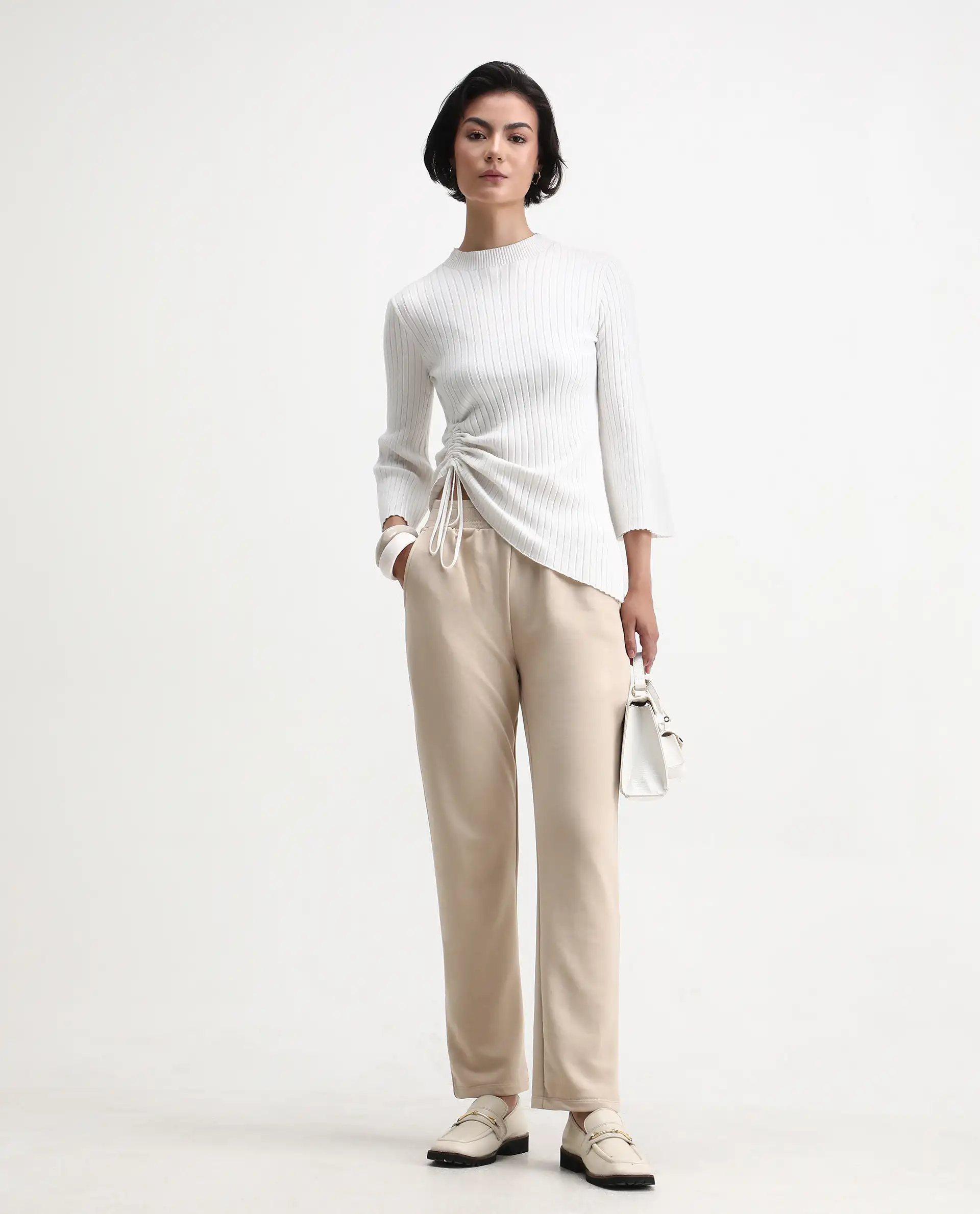 Rareism Women's Tribon Beige Cotton Blend Straight Fit Track Pant