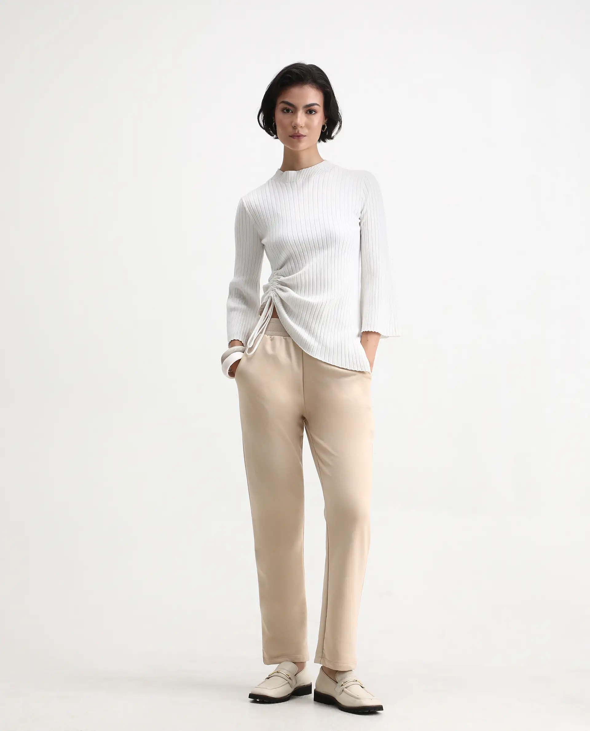 Rareism Women's Tribon Beige Cotton Blend Straight Fit Track Pant - Image 4