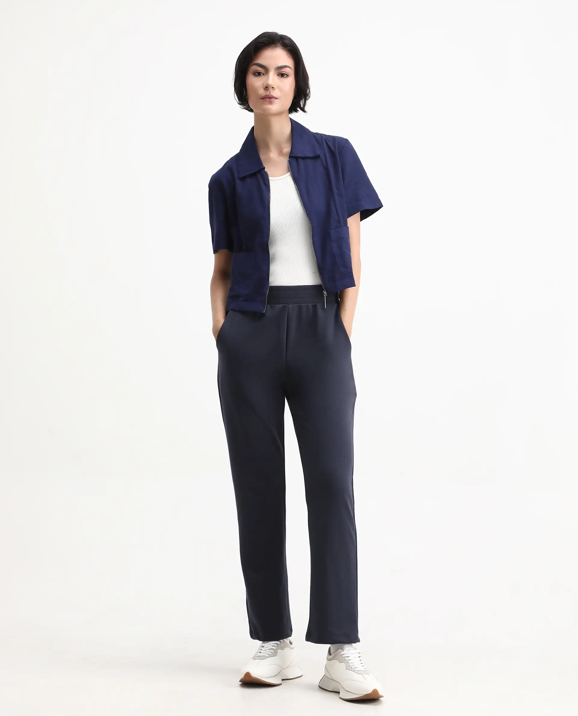 Rareism Women's Tribon Navy Cotton Blend Straight Fit Track Pant - Image 4