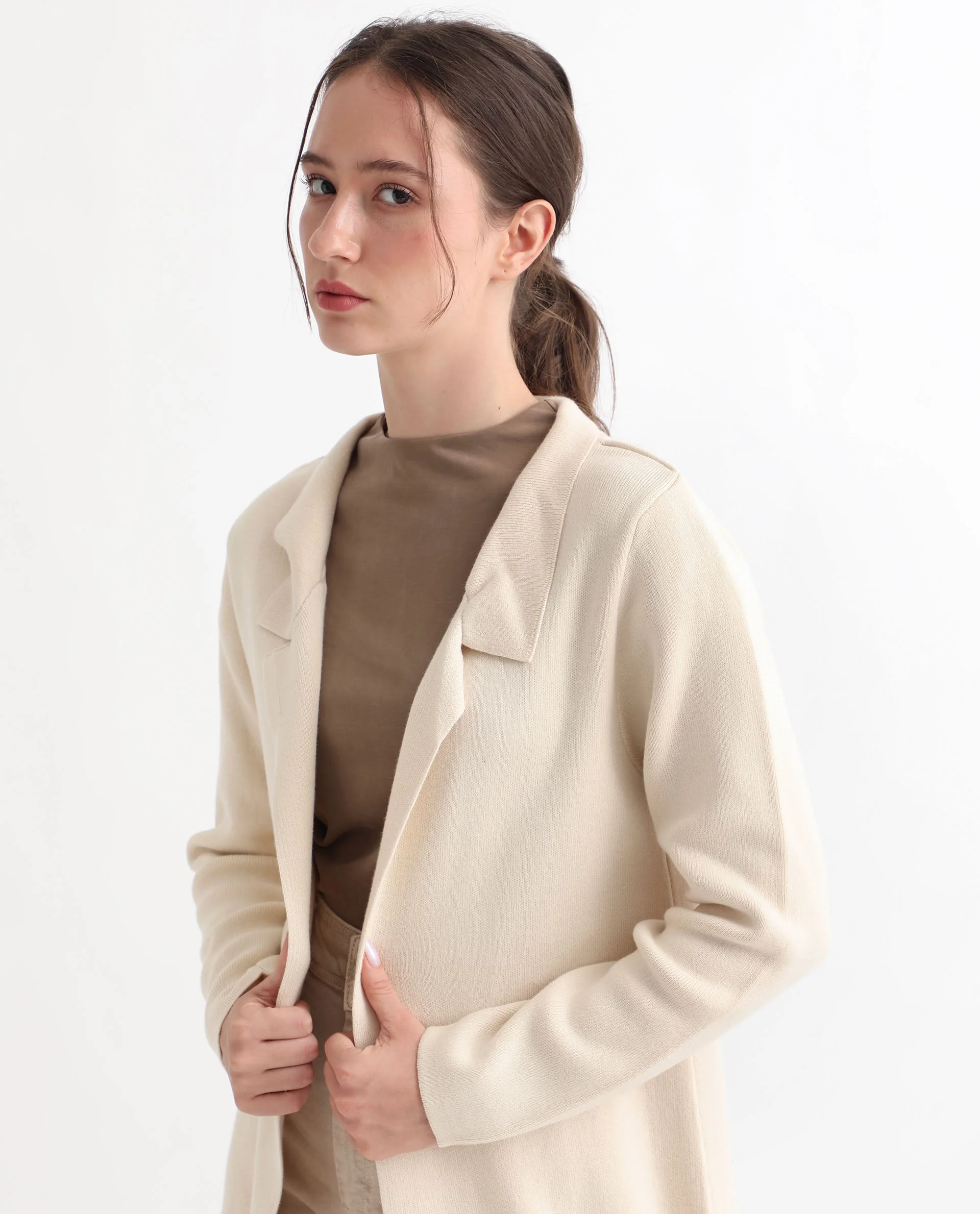 Rareism Women's Trident Beige Cotton Lapel Neck Plain Knee Length Regular Fit Sweater - Image 10