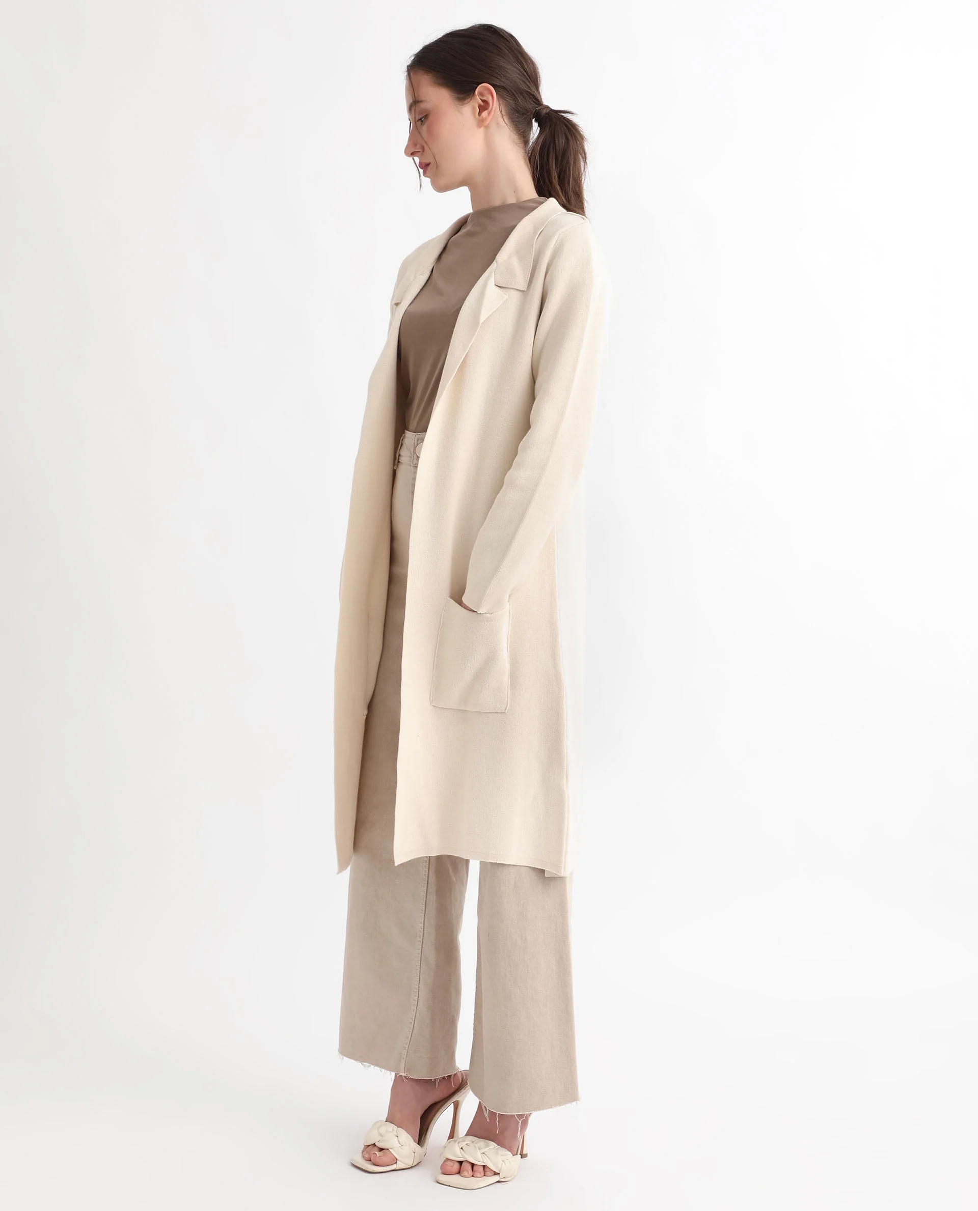 Rareism Women's Trident Beige Cotton Lapel Neck Plain Knee Length Regular Fit Sweater - Image 11