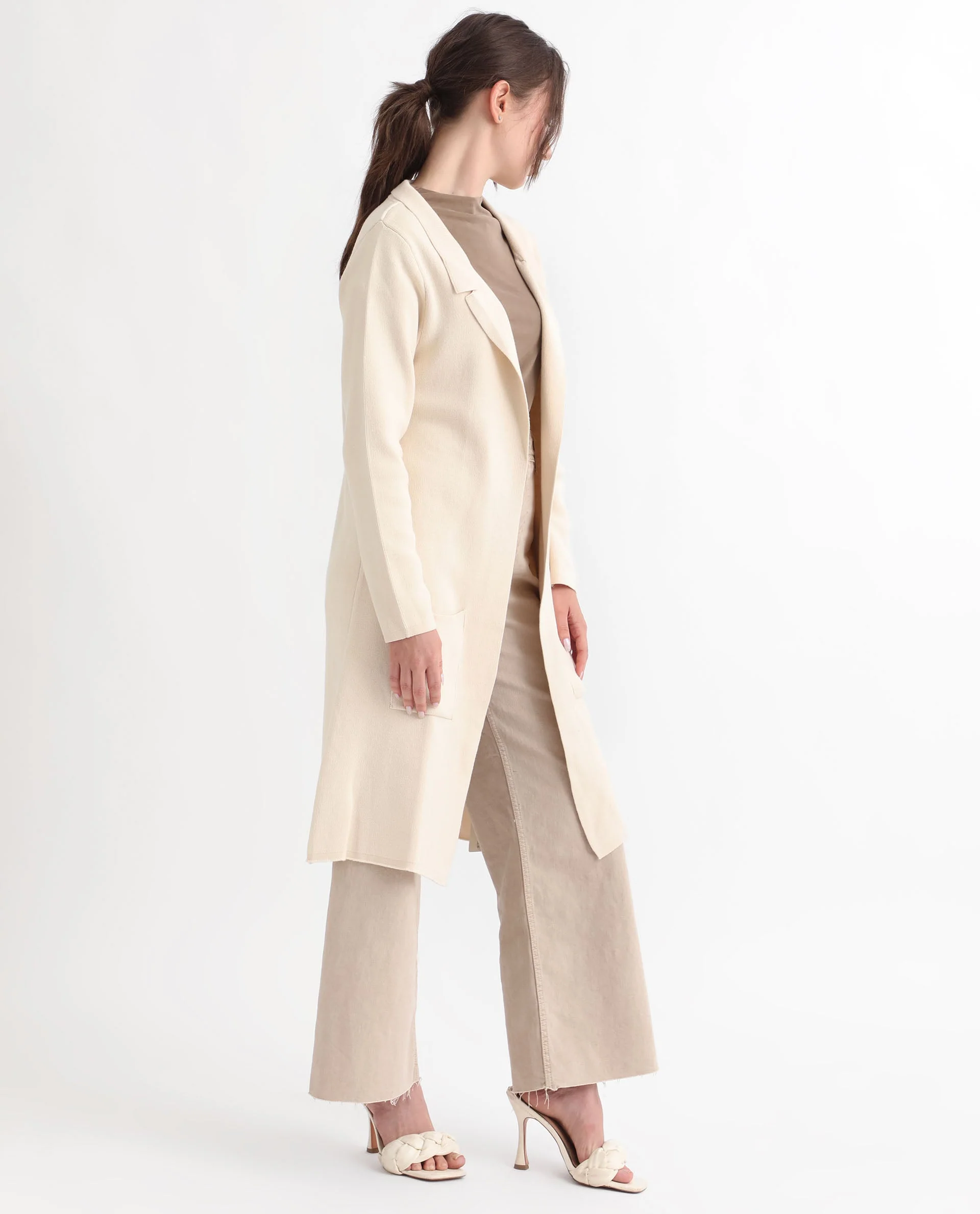 Rareism Women's Trident Beige Cotton Lapel Neck Plain Knee Length Regular Fit Sweater - Image 12
