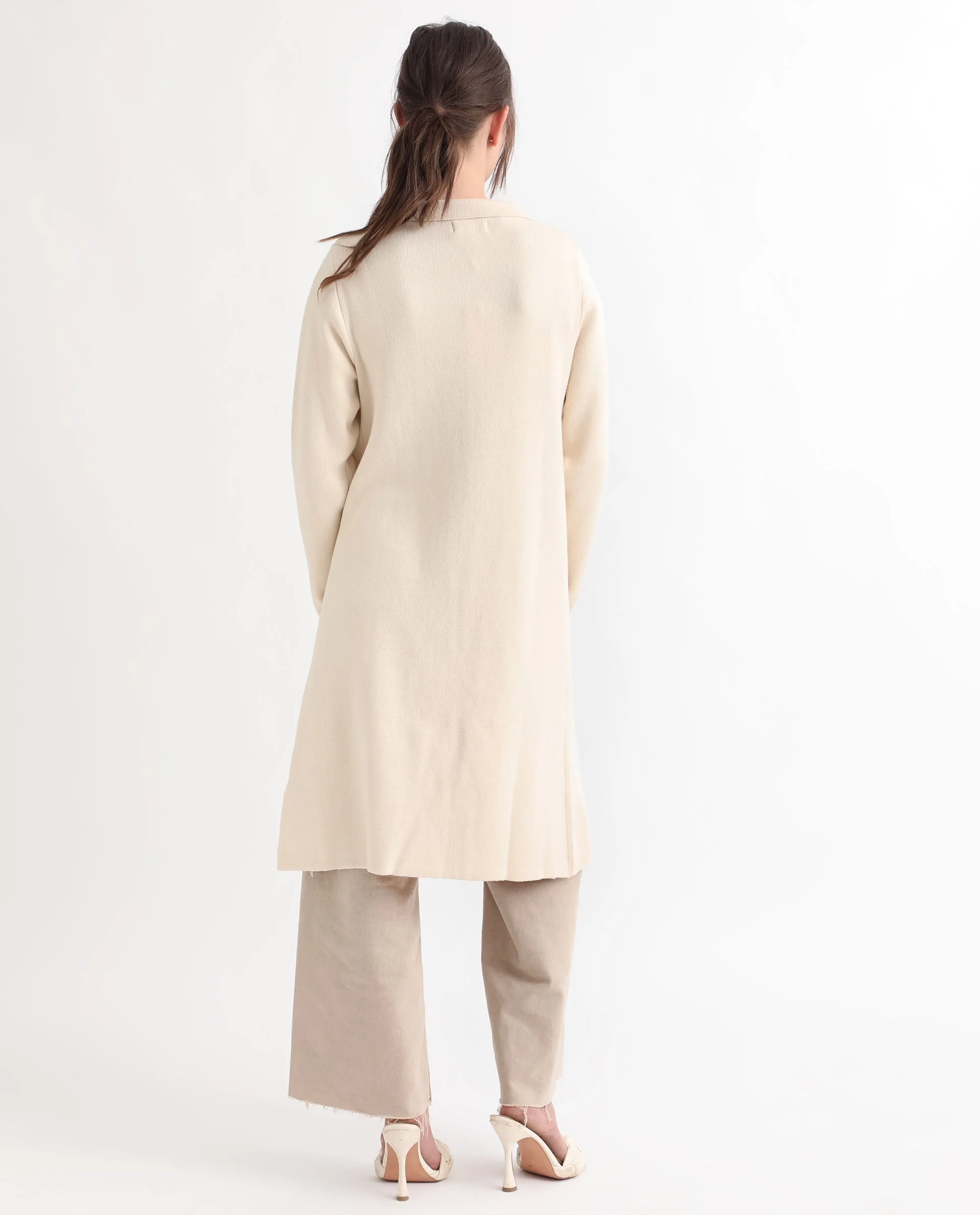Rareism Women's Trident Beige Cotton Lapel Neck Plain Knee Length Regular Fit Sweater - Image 13