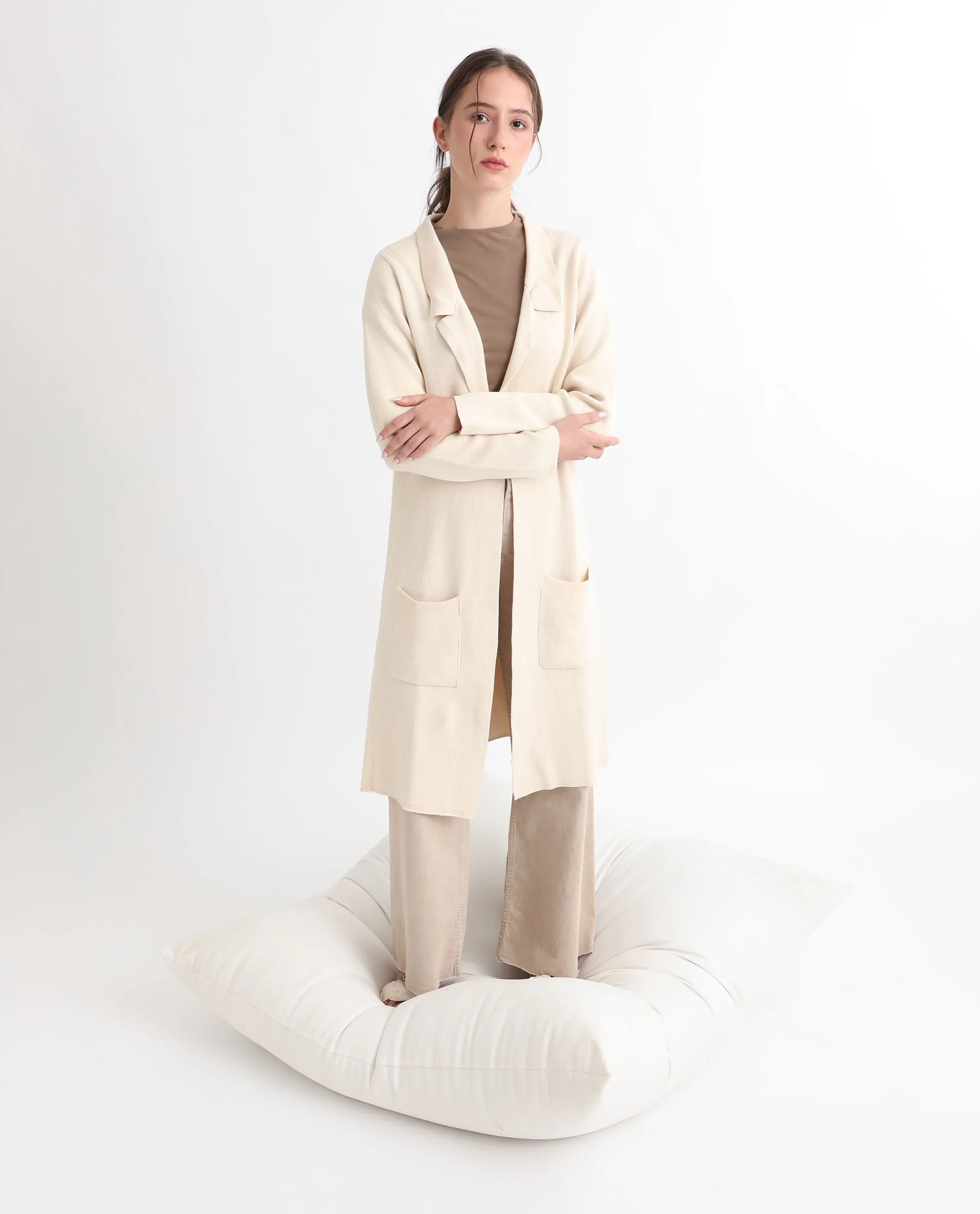 Rareism Women's Trident Beige Cotton Lapel Neck Plain Knee Length Regular Fit Sweater - Image 3