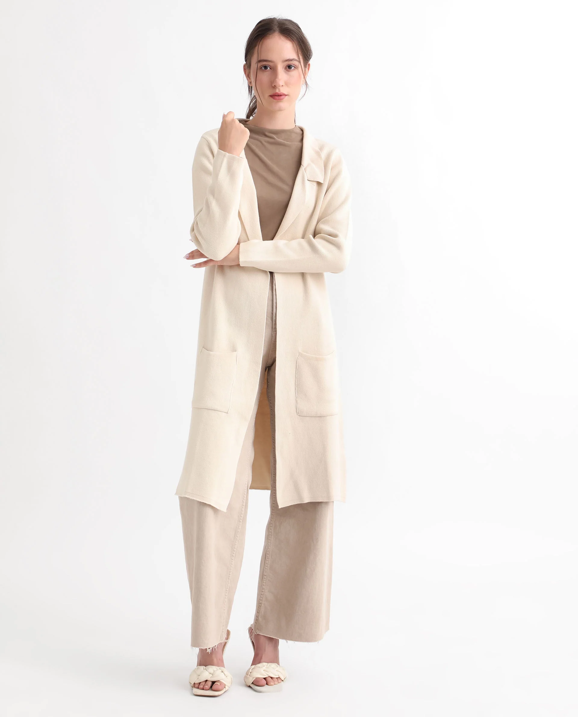 Rareism Women's Trident Beige Cotton Lapel Neck Plain Knee Length Regular Fit Sweater - Image 4