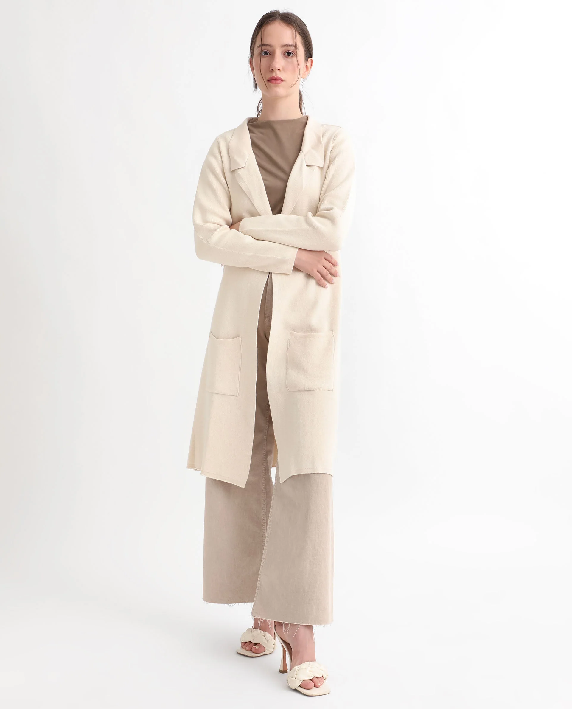 Rareism Women's Trident Beige Cotton Lapel Neck Plain Knee Length Regular Fit Sweater - Image 5