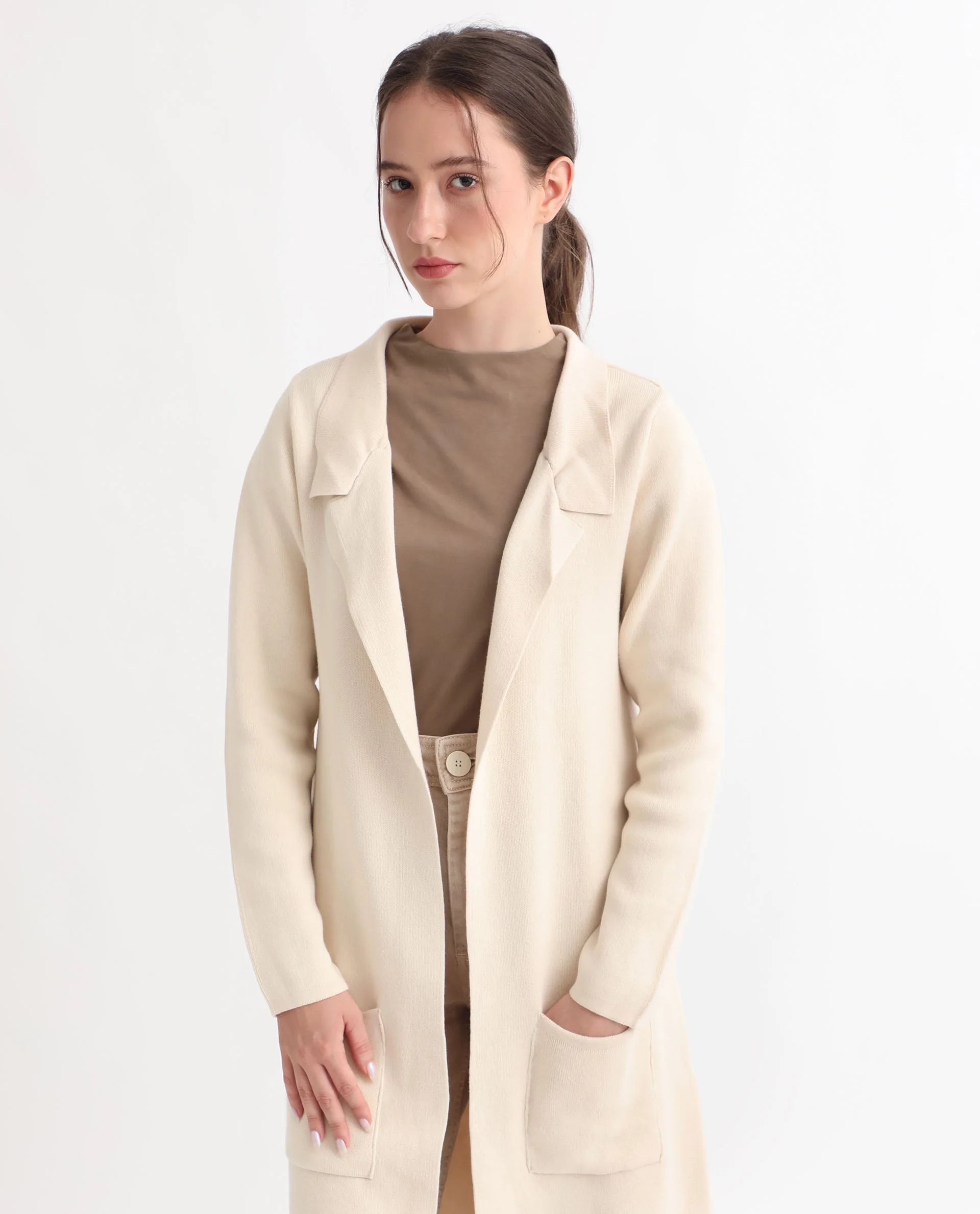 Rareism Women's Trident Beige Cotton Lapel Neck Plain Knee Length Regular Fit Sweater - Image 6