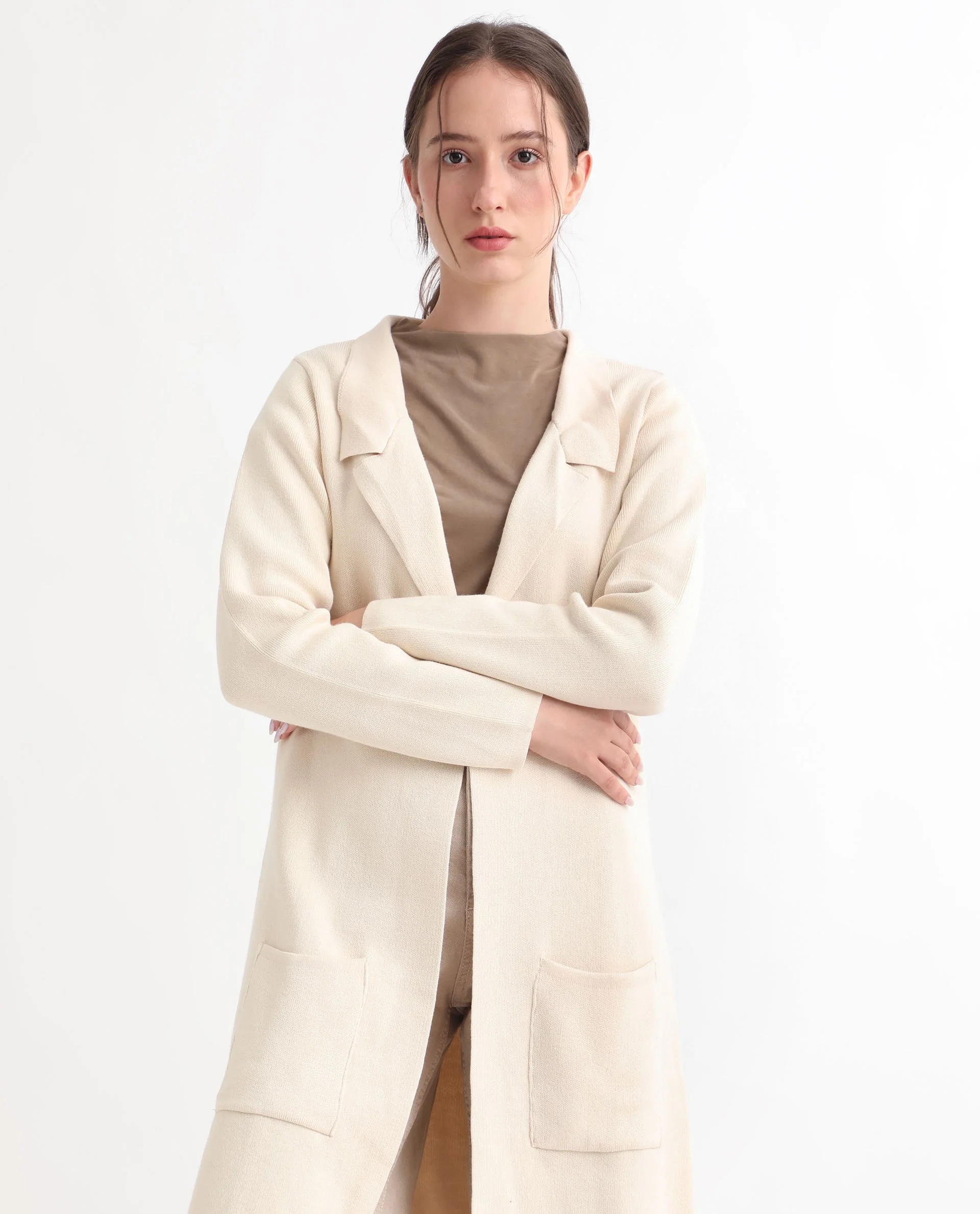 Rareism Women's Trident Beige Cotton Lapel Neck Plain Knee Length Regular Fit Sweater - Image 8