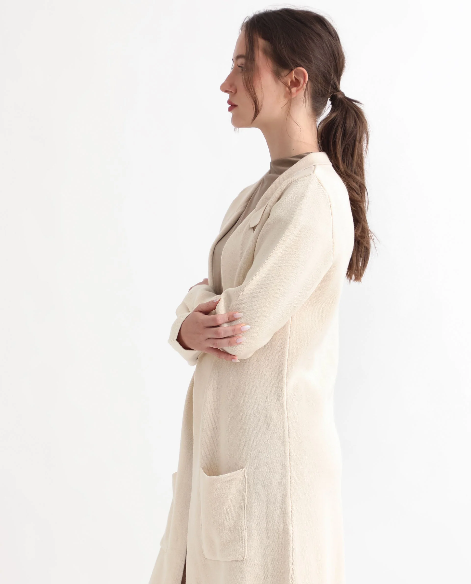 Rareism Women's Trident Beige Cotton Lapel Neck Plain Knee Length Regular Fit Sweater - Image 9